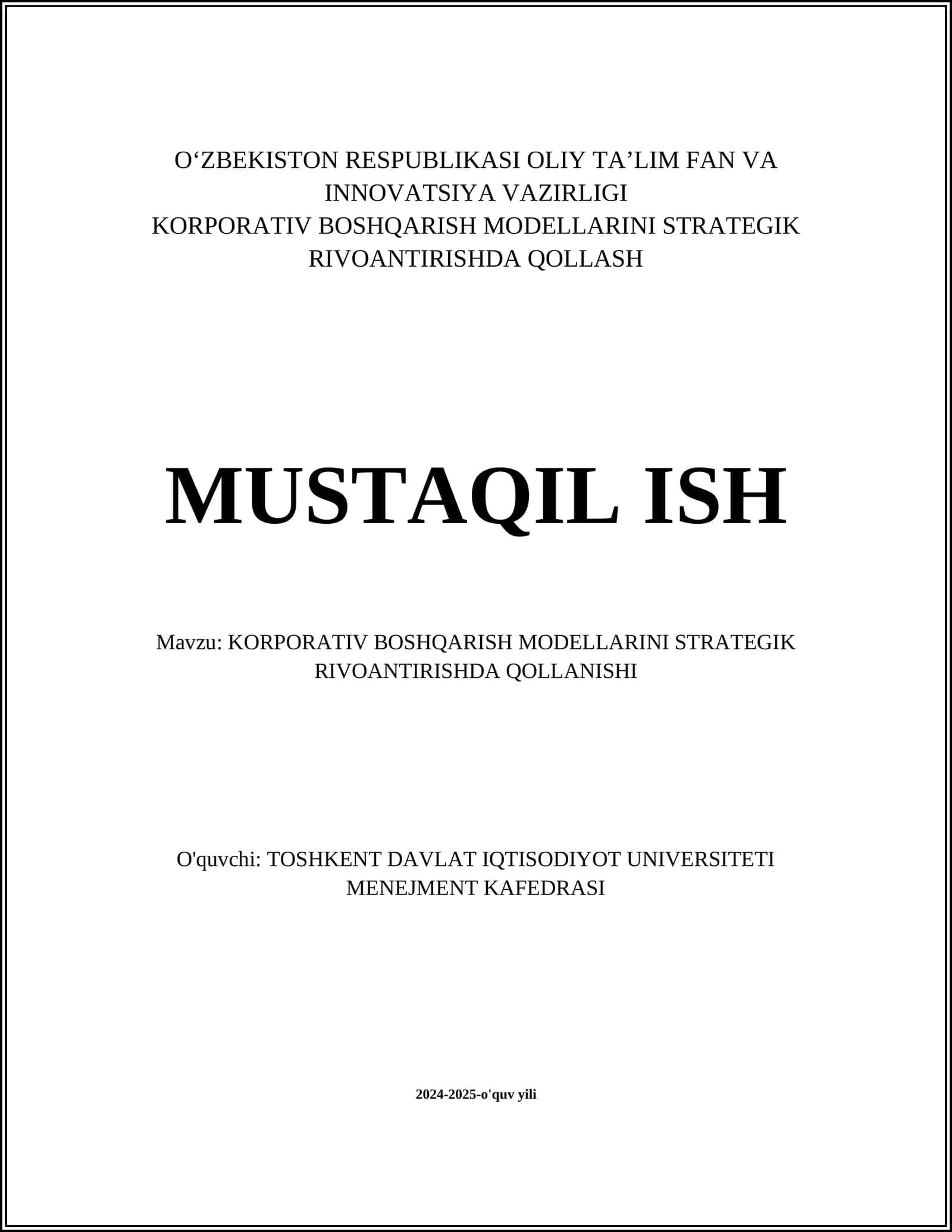 KORPORATIV BOSHQARISH MODELLARINI STRATEGIK RIVOANTIRISHDA QOLLANISHI