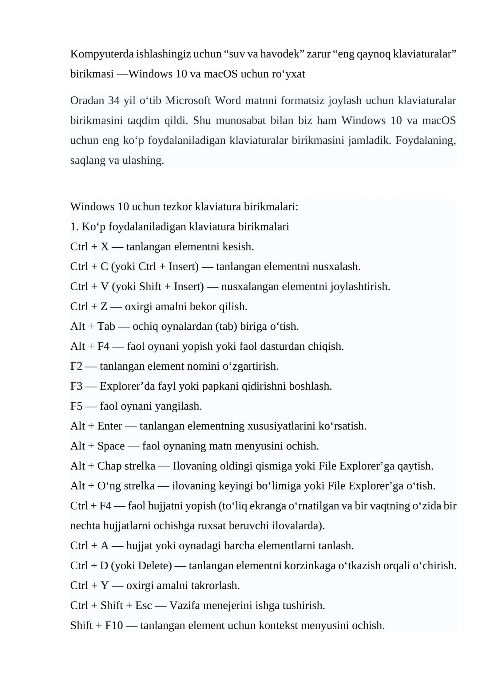 Windows 10 va macOS uchun eng koʻp foydalaniladigan klaviaturalar birikmasi