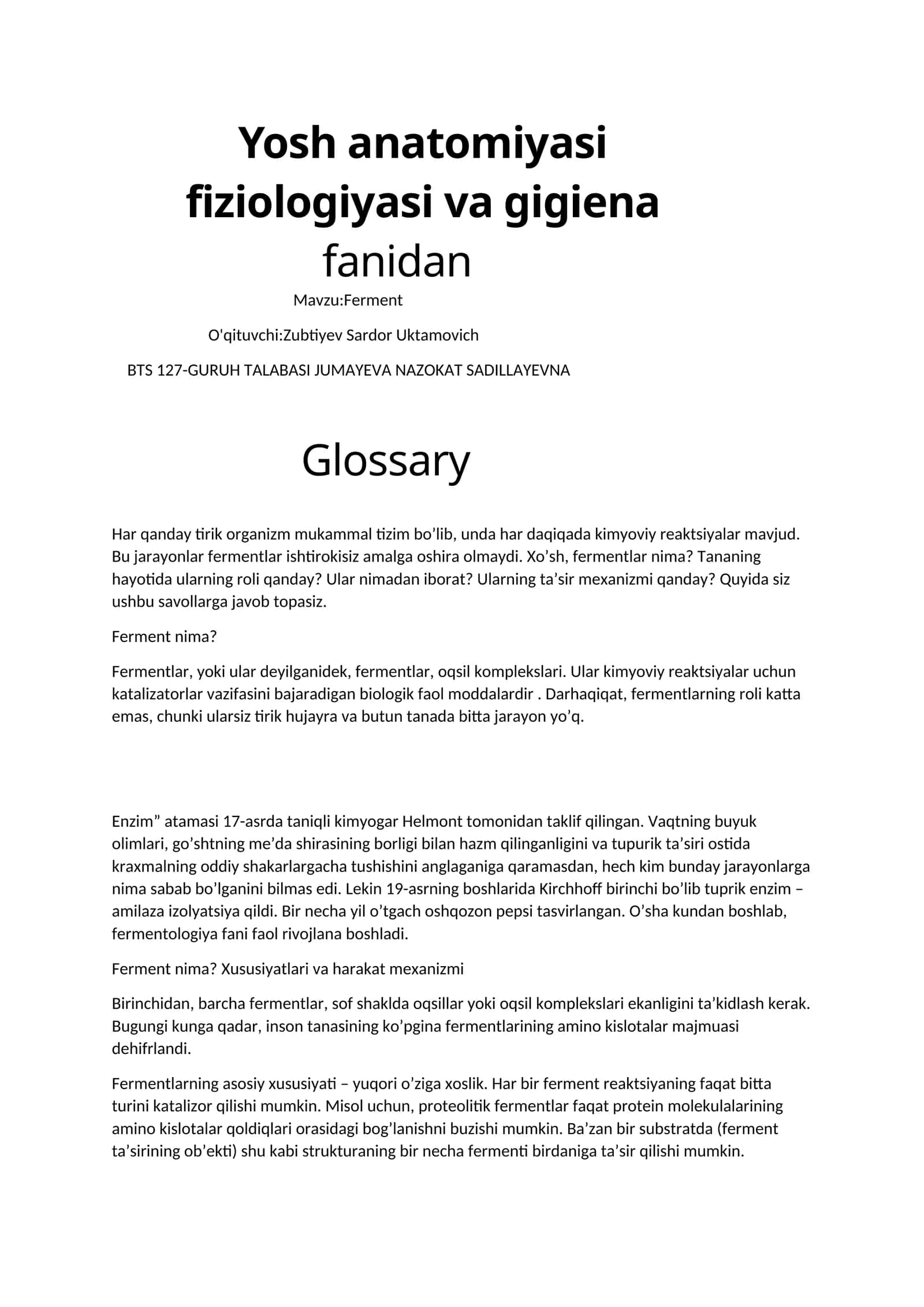 Yosh anatomiyasi, fiziologiyasi va gigiena fanidan