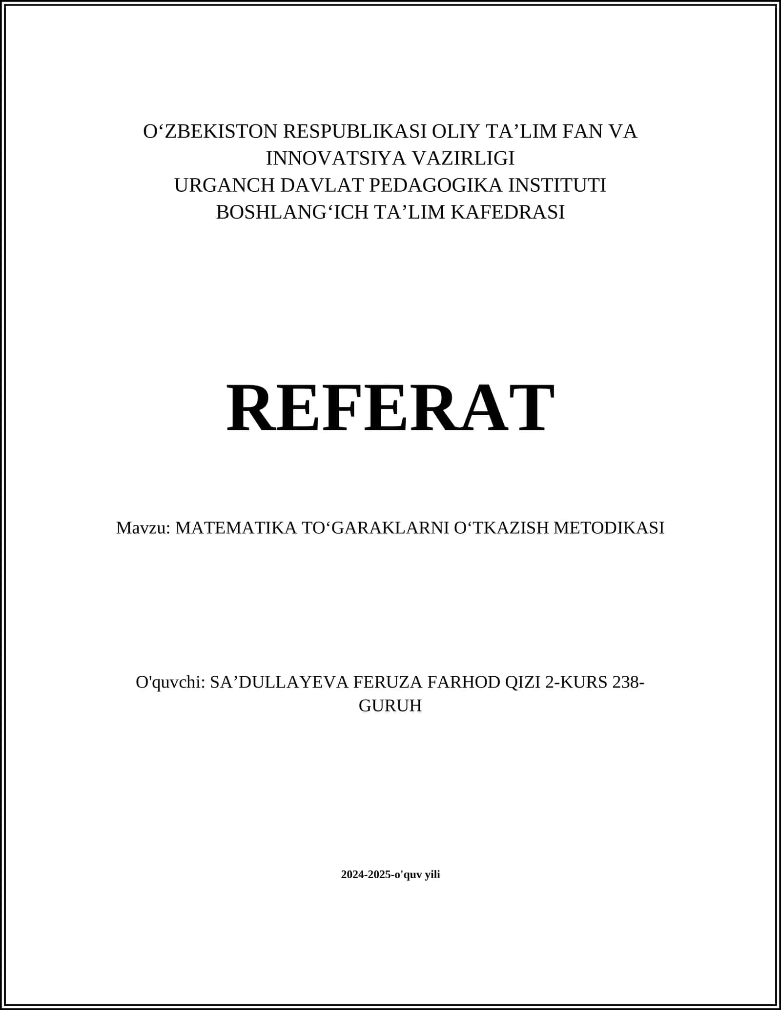 MATEMATIKA TOʻGARAKLARNI OʻTKAZISH METODIKASI