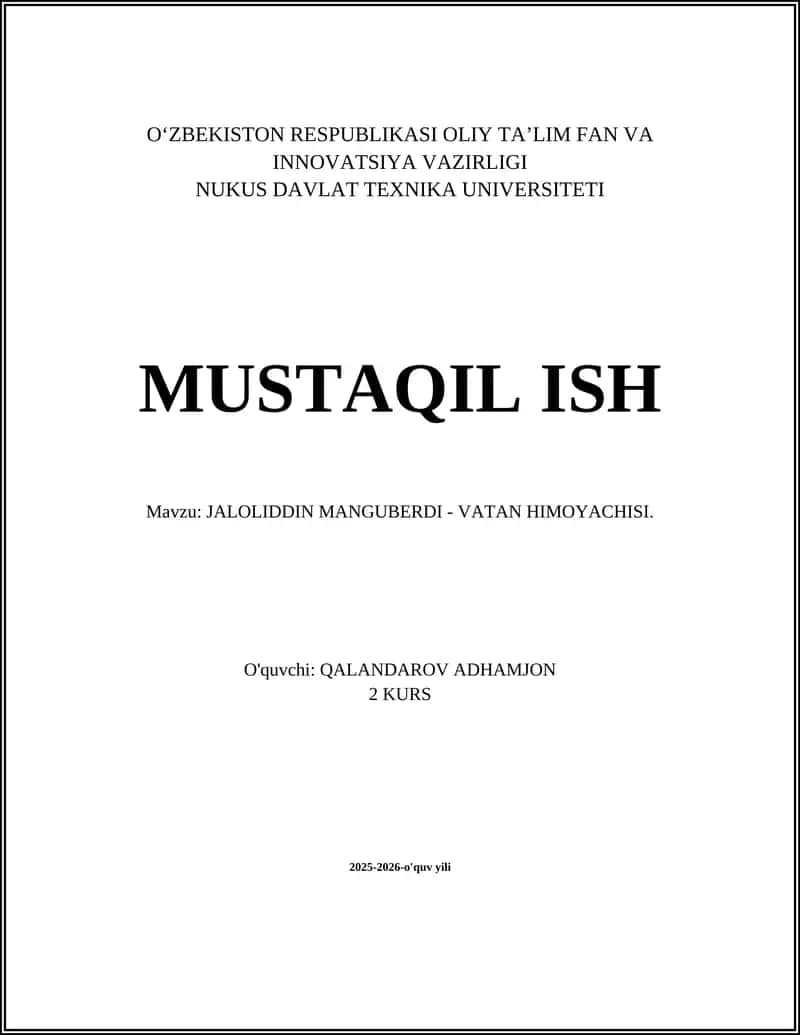 JALOLIDDIN MANGUBERDI - VATAN HIMOYACHISI