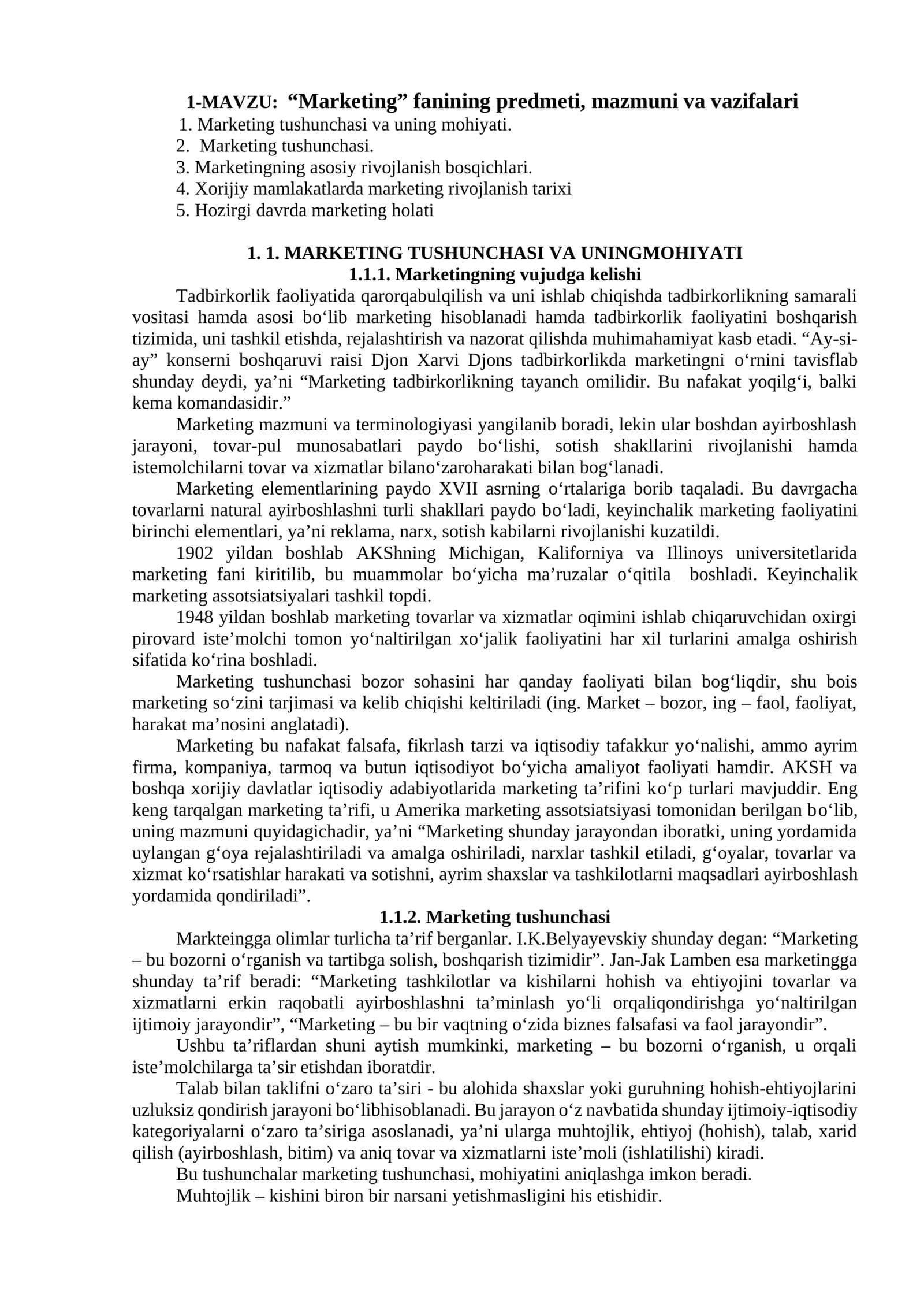 “Marketing” fanining predmeti, mazmuni va vazifalari
