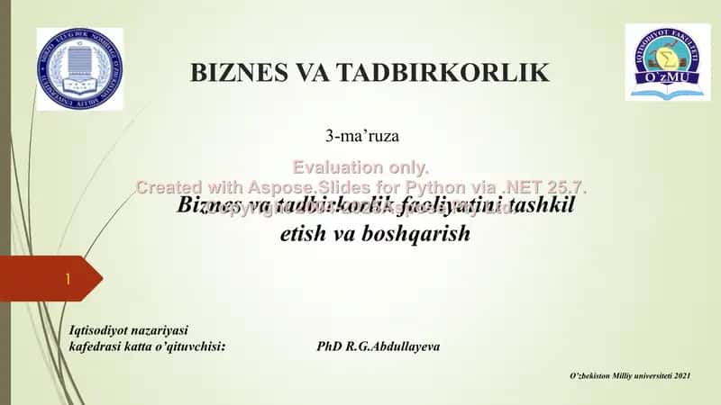 Biznes va tadbirkorlik faoliyatini tashkil etish va boshqarish (3-ma’ruza)