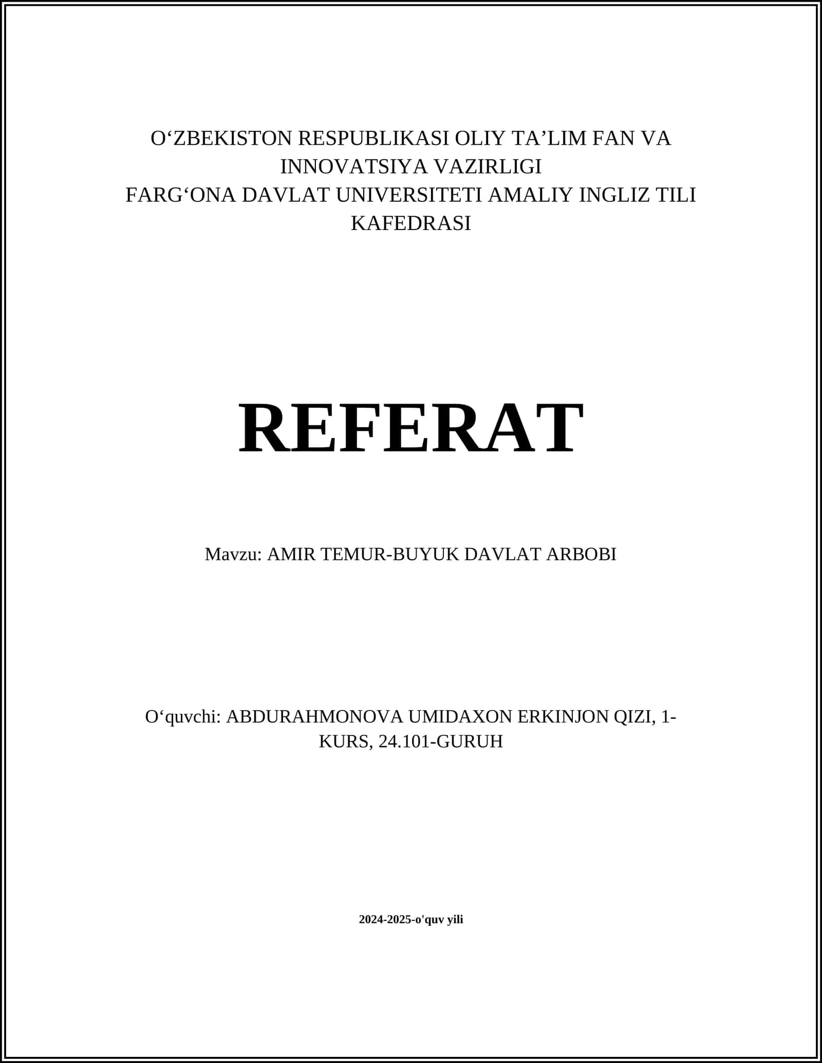 AMIR TEMUR-BUYUK DAVLAT ARBOBI
