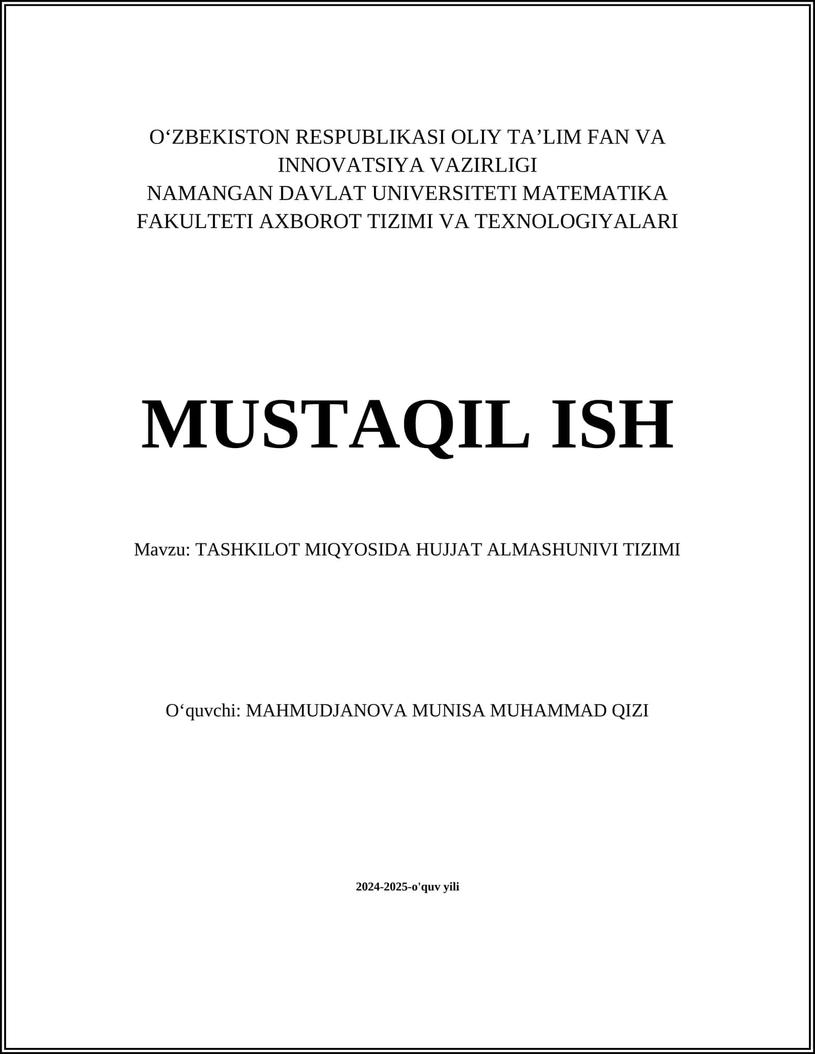 TASHKILOT MIQYOSIDA HUJJAT ALMASHUNIVI TIZIMI