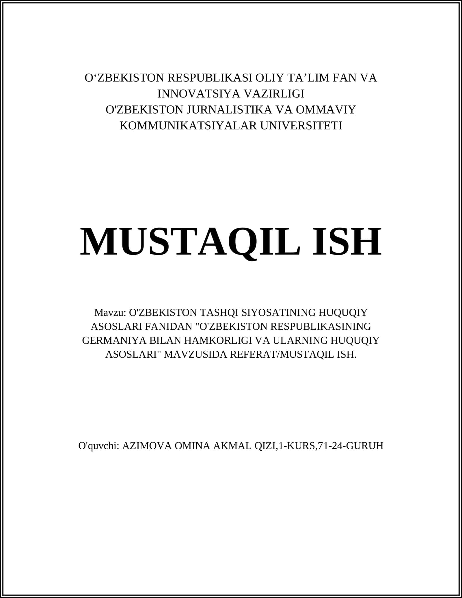O'ZBEKISTON RESPUBLIKASINING GERMANIYA BILAN HAMKORLIGI VA ULARNING HUQUQIY ASOSLARI