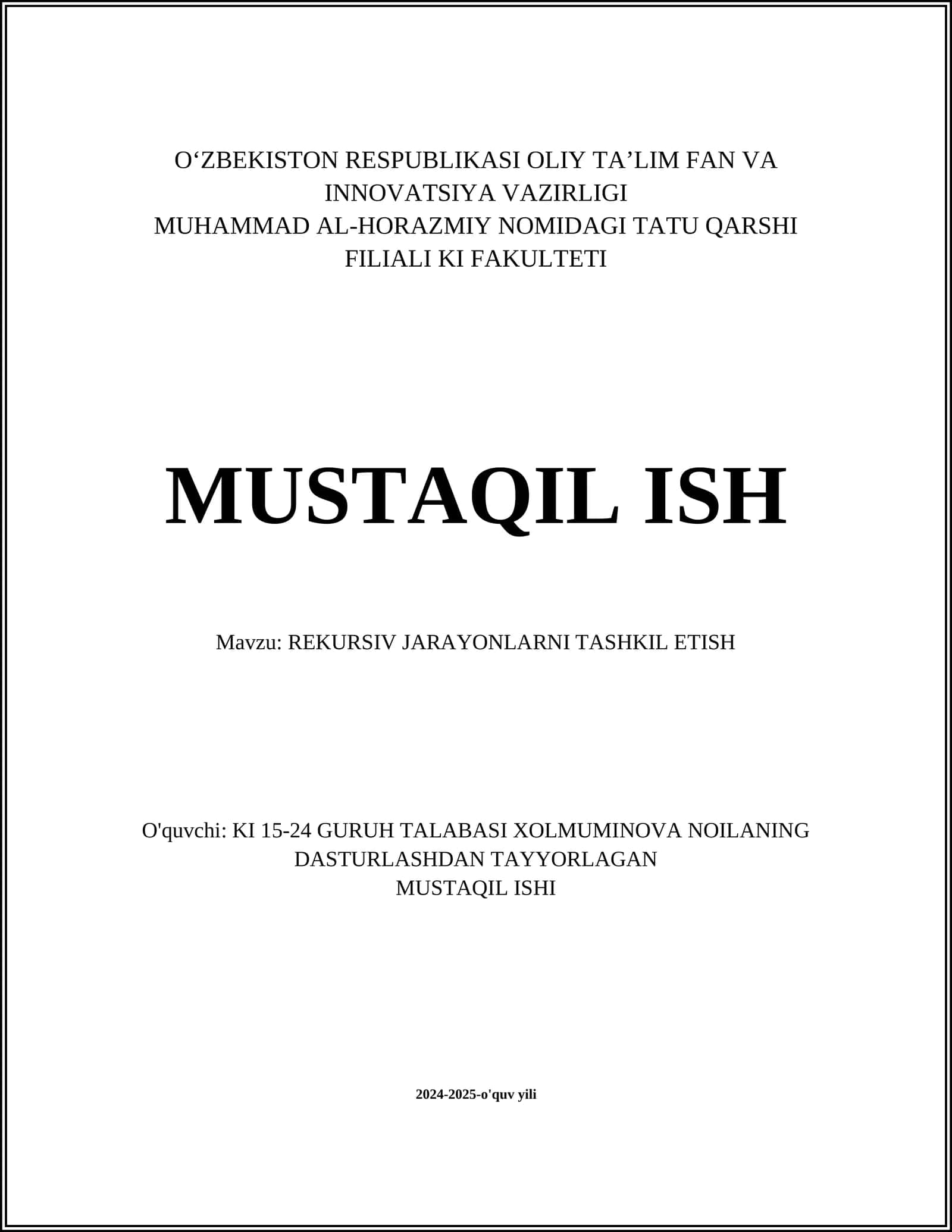 REKURSIV JARAYONLARNI TASHKIL ETISH