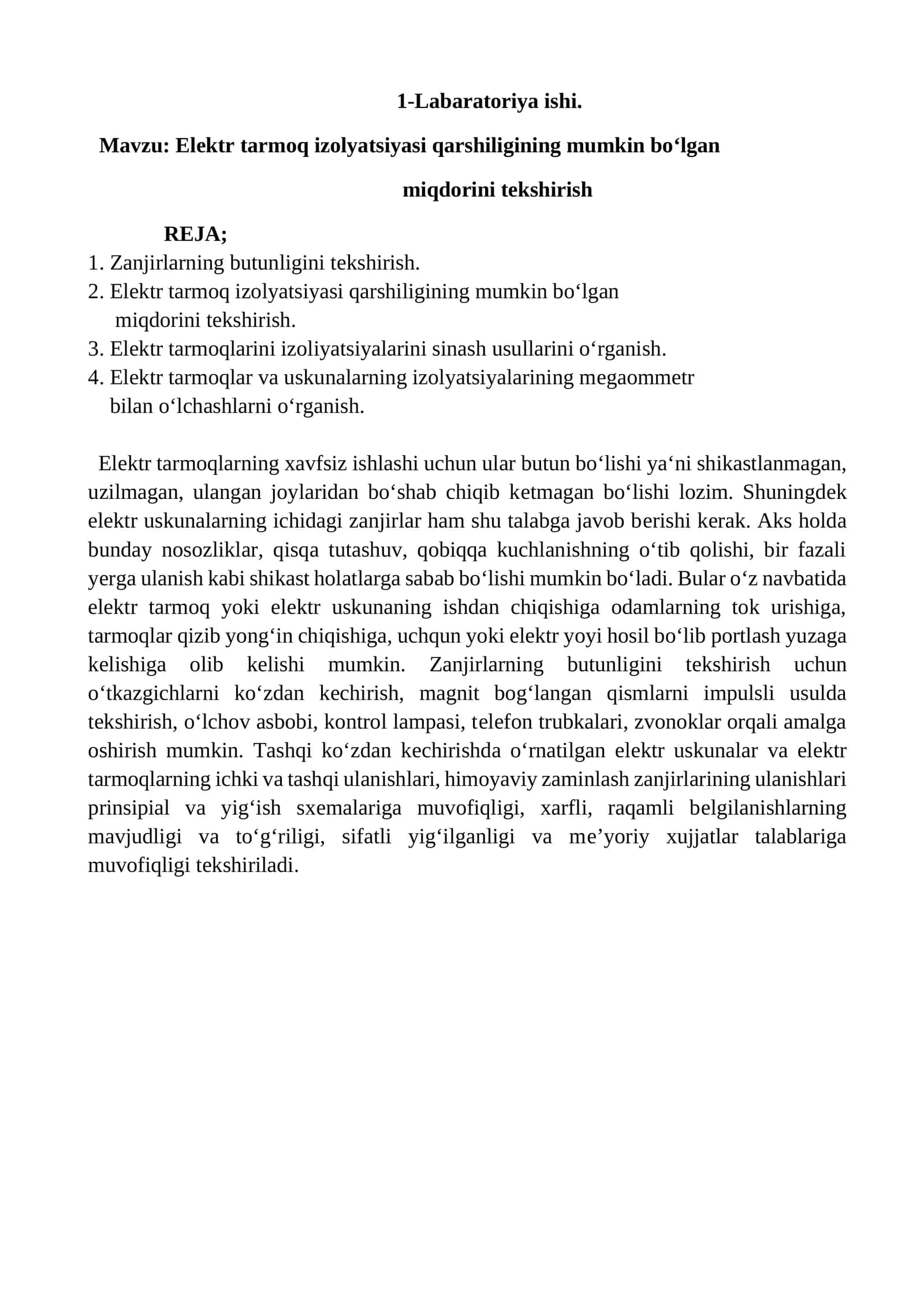Elеktr tarmoq izolyatsiyasi qarshiligining mumkin bo‘lgan miqdorini tеkshirish
