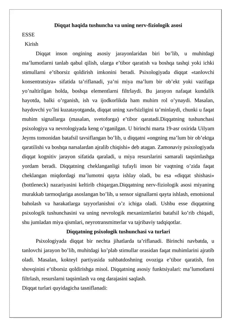 Diqqat haqida tushuncha va uning nerv-fiziologik asosi