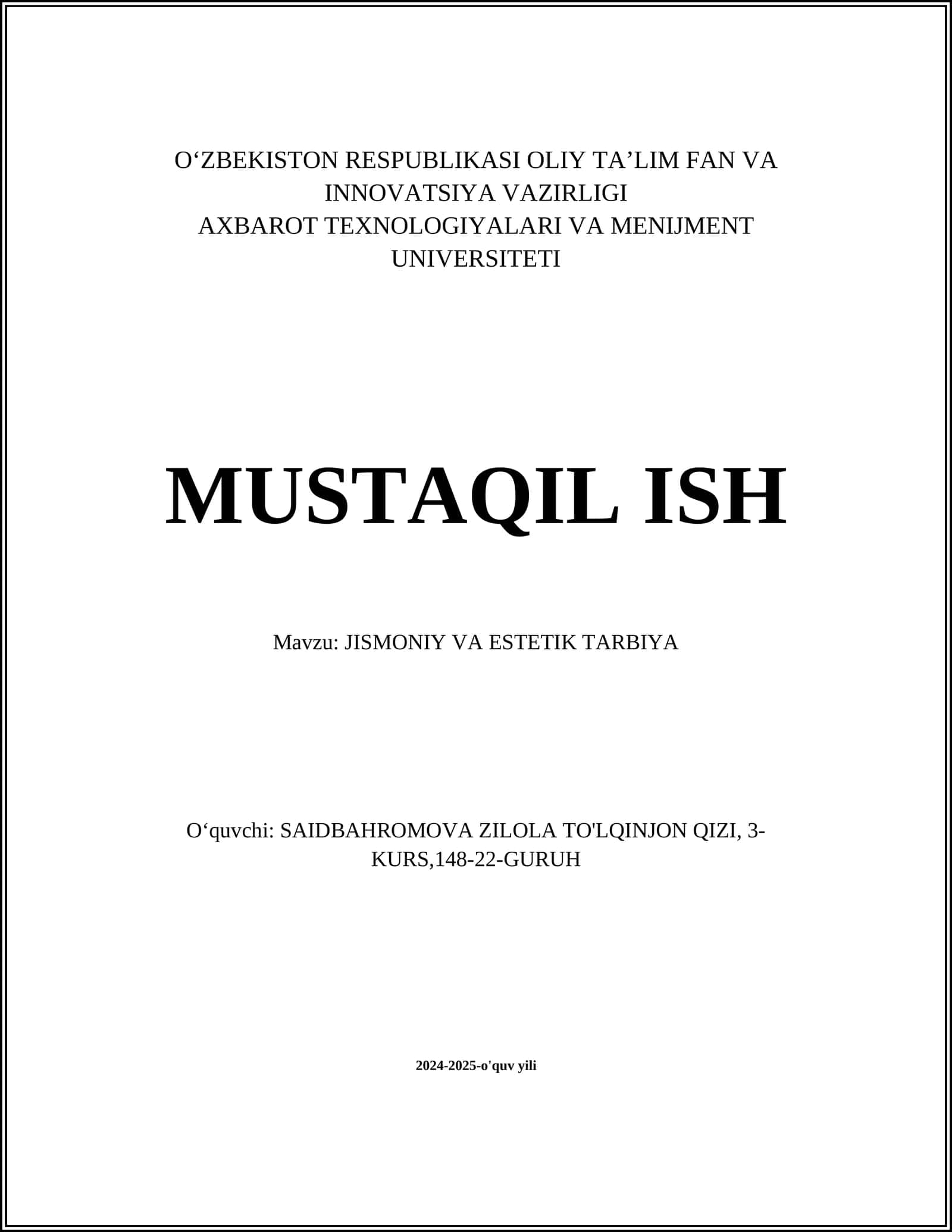 Jismoniy va Estetik Tarbiya