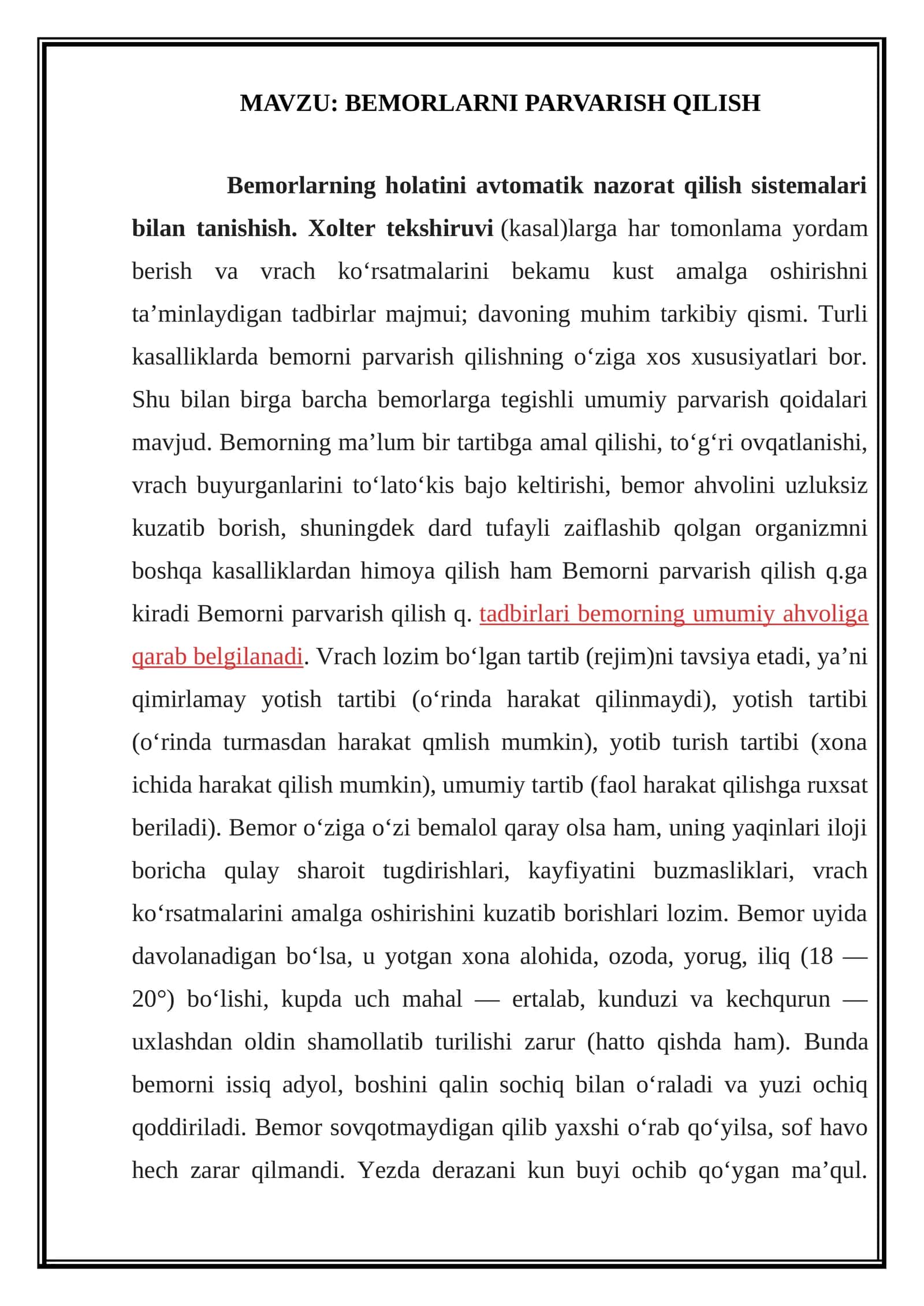 BEMORLARNI PARVARISH QILISH
