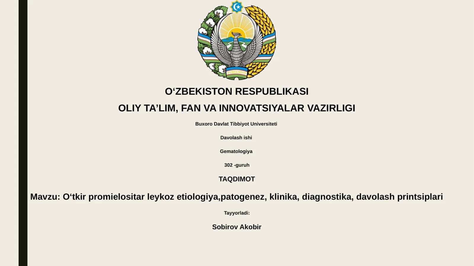 Oʻtkir promielositar leykoz etiologiya,patogenez, klinika, diagnostika, davolash printsiplari