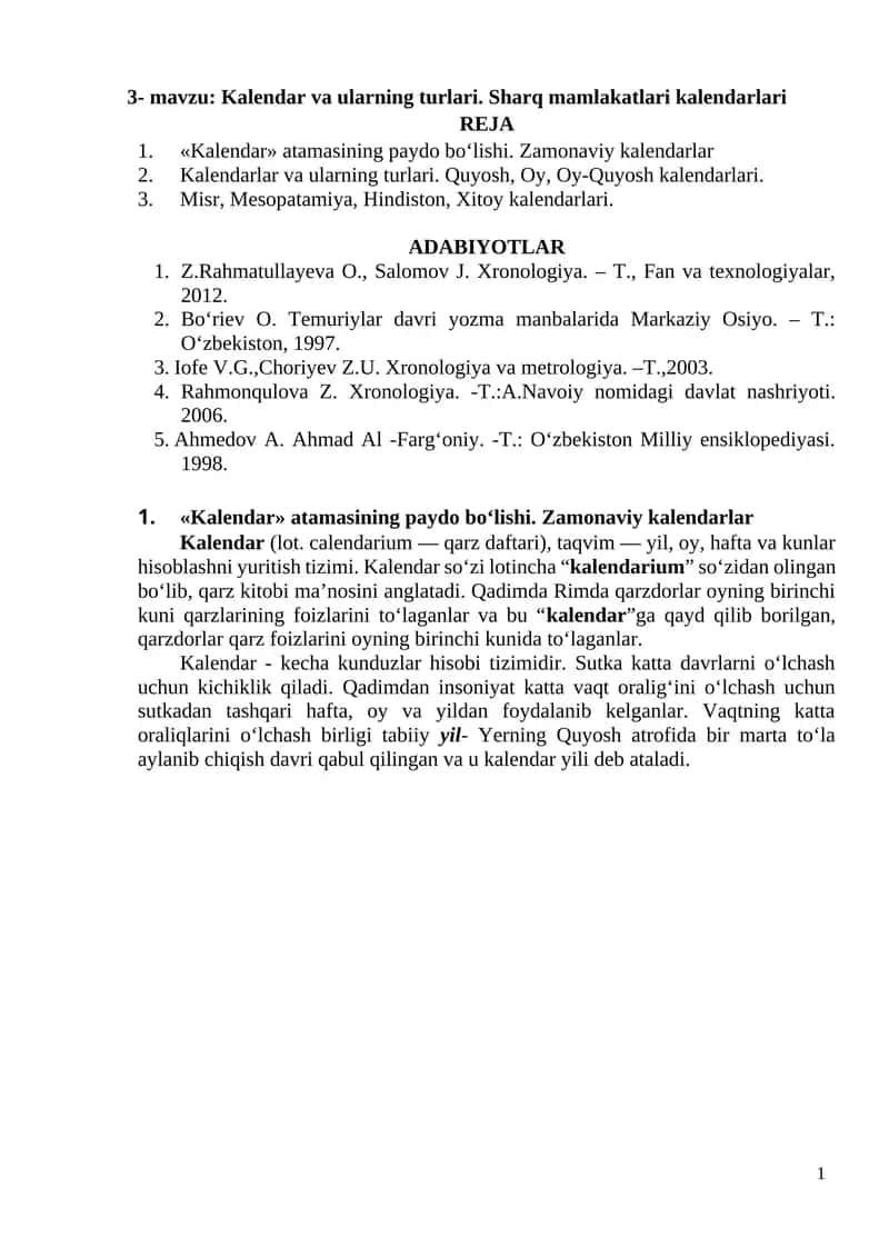 Kalendar va ularning turlari