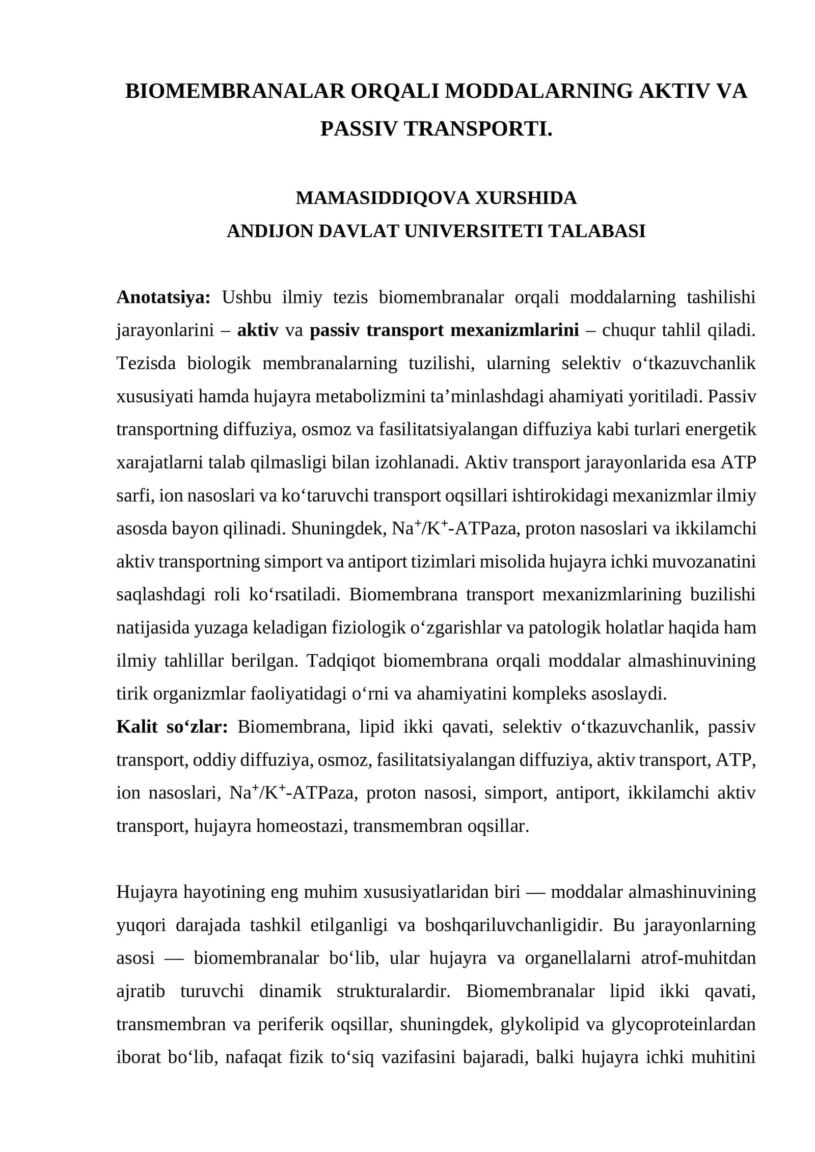 BIOMEMBRANALAR ORQALI MODDALARNING AKTIV VA PASSIV TRANSPORTI