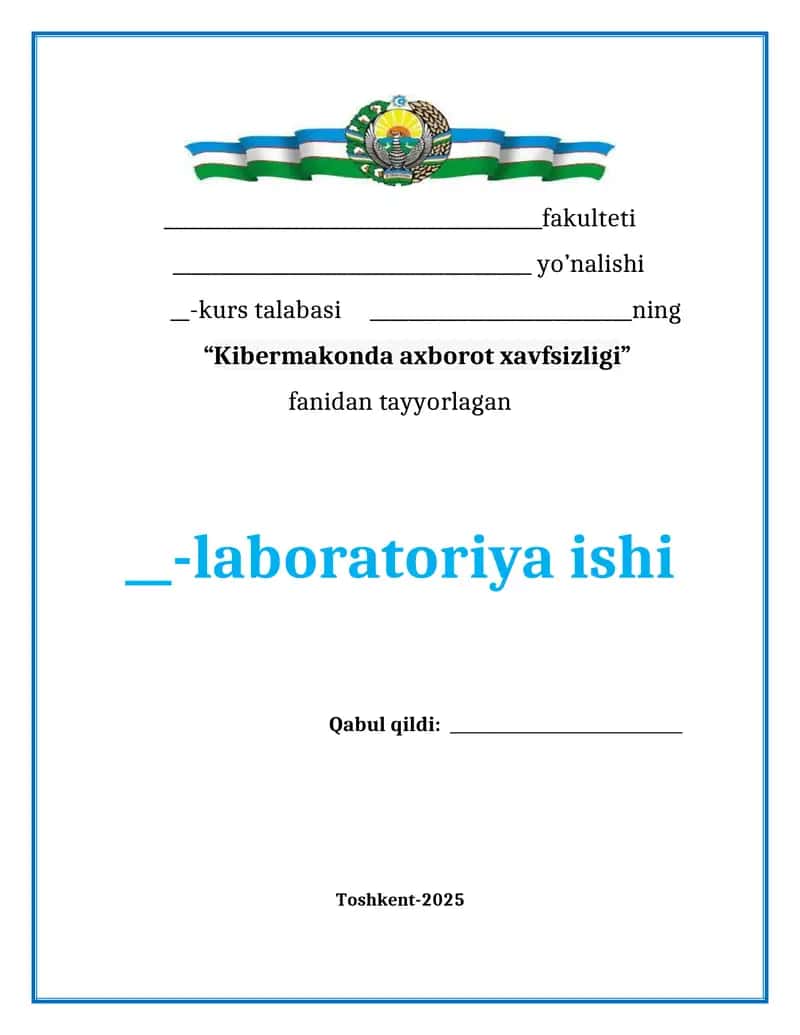 Kibermakonda axborot shifrlash — RSA bilan ismni shifrlash va deshifrlash (laboratoriya ishi, DOCX)