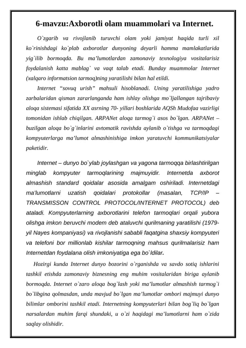 Axborotli olam muammolari va Internet