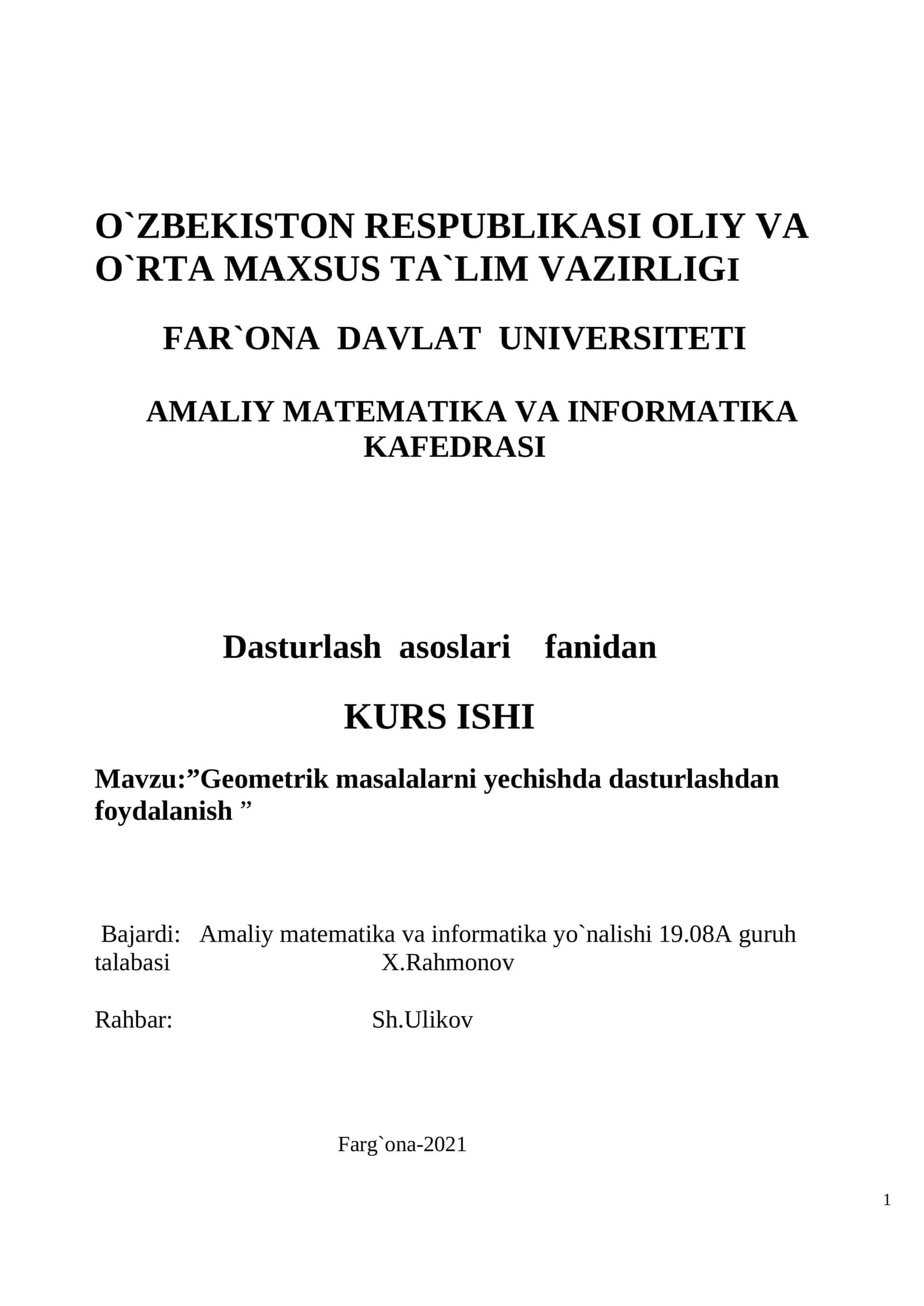 Mavzu:”Geometrik masalalarni yechishda dasturlashdan foydalanish ”