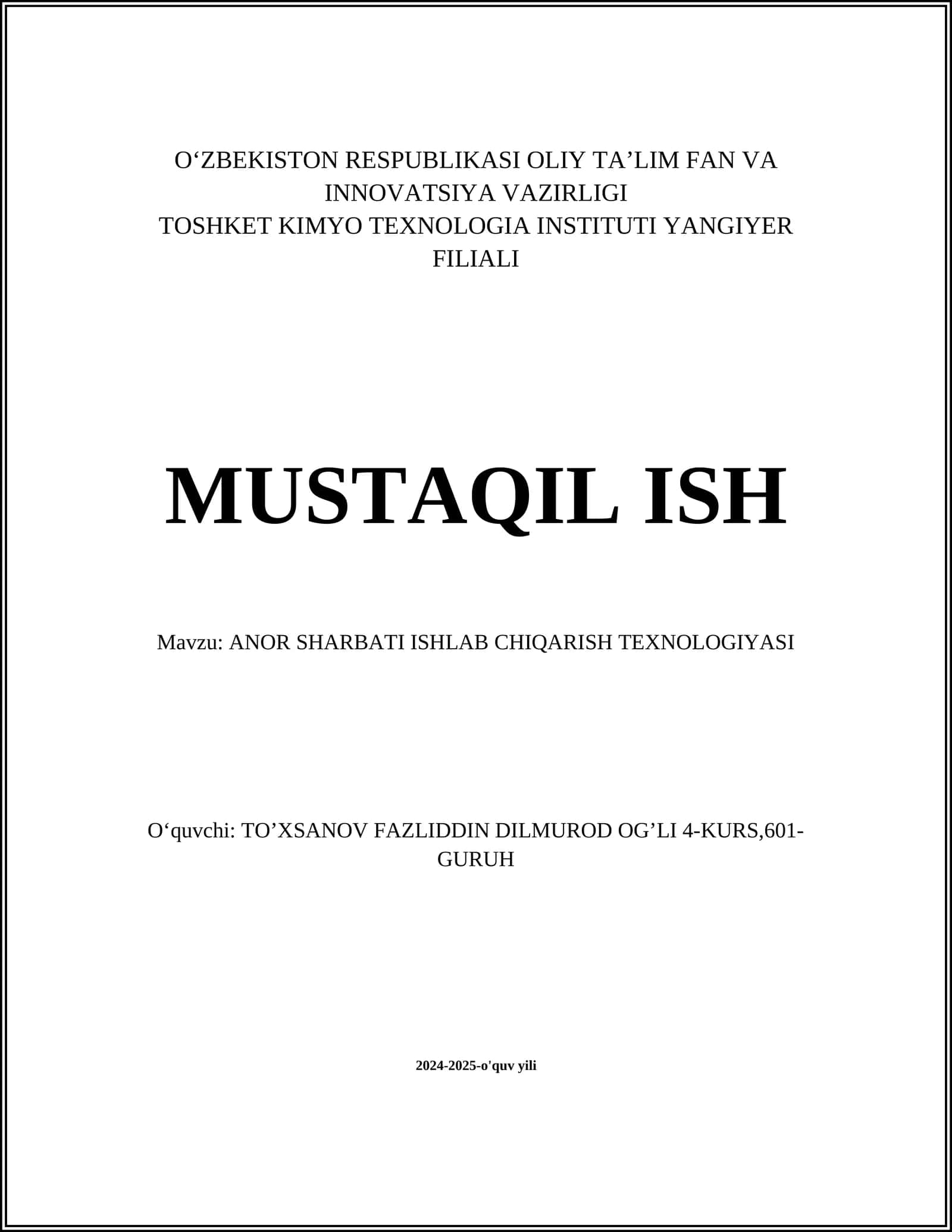 ANOR SHARBATI ISHLAB CHIQARISH TEXNOLOGIYASI