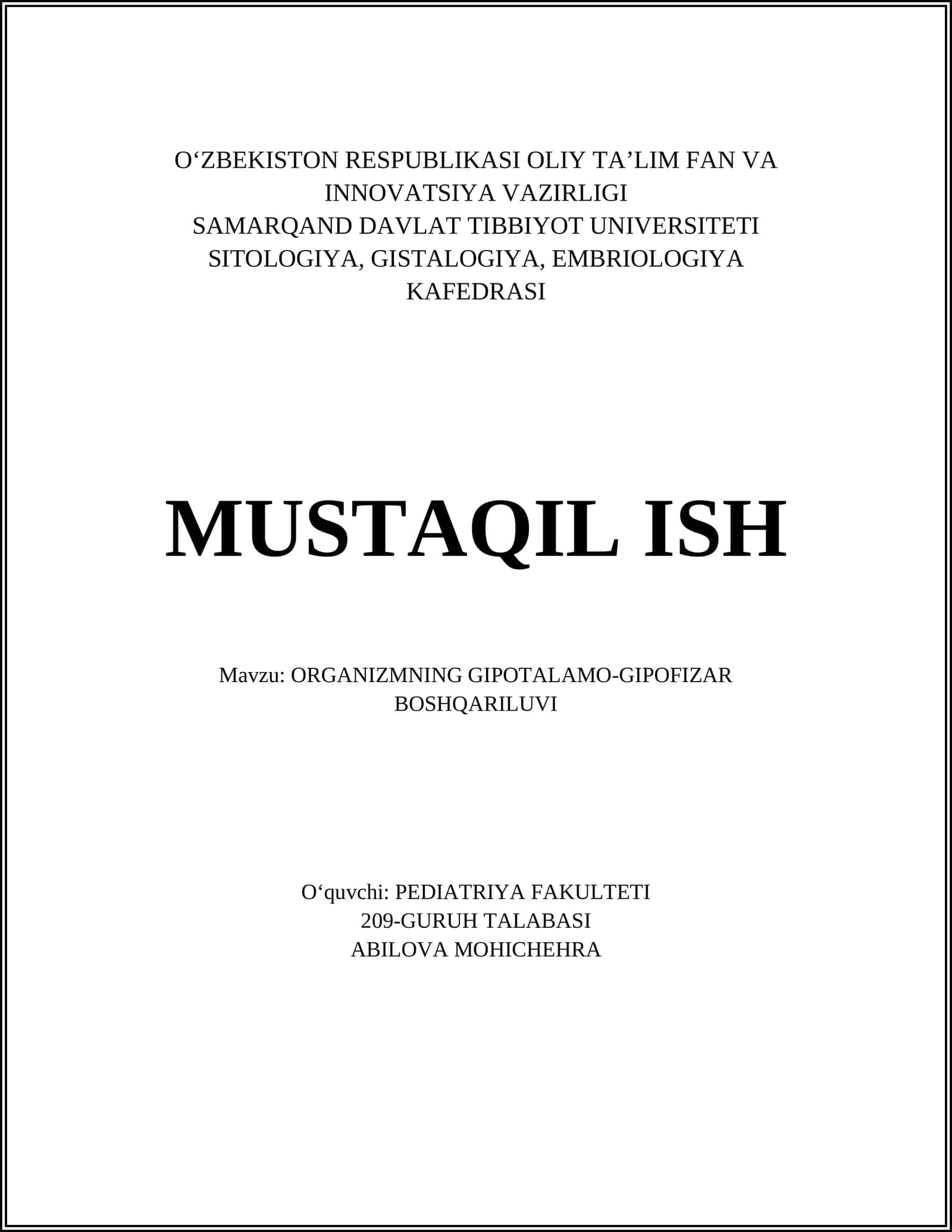 ORGANIZMNING GIPOTALAMO-GIPOFIZAR BOSHQARILUVI