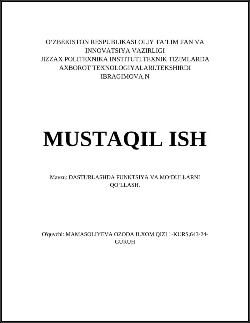 DASTURLASHDA FUNKTSIYA VA MOʻDULLARNI QOʻLLASH