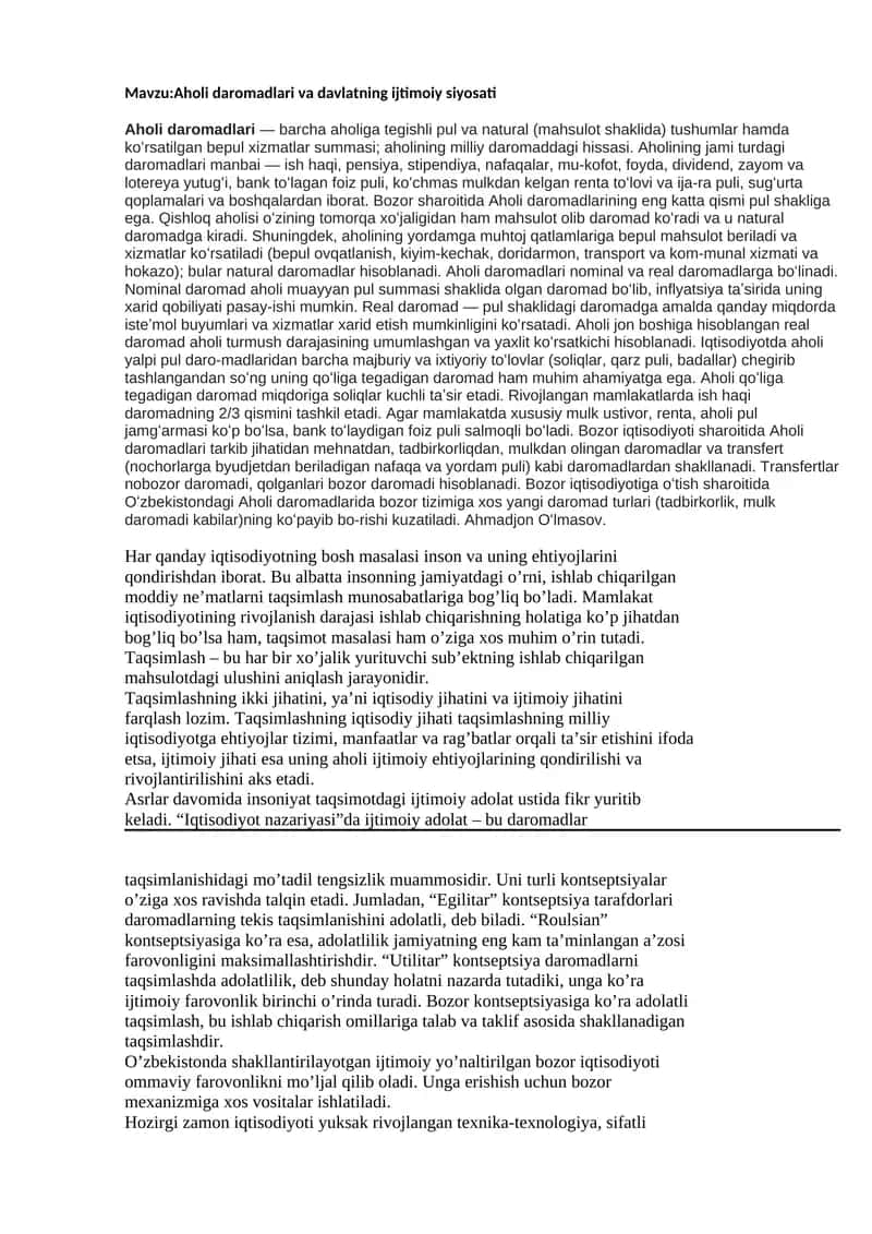 Aholi daromadlari va davlatning ijtimoiy siyosati
