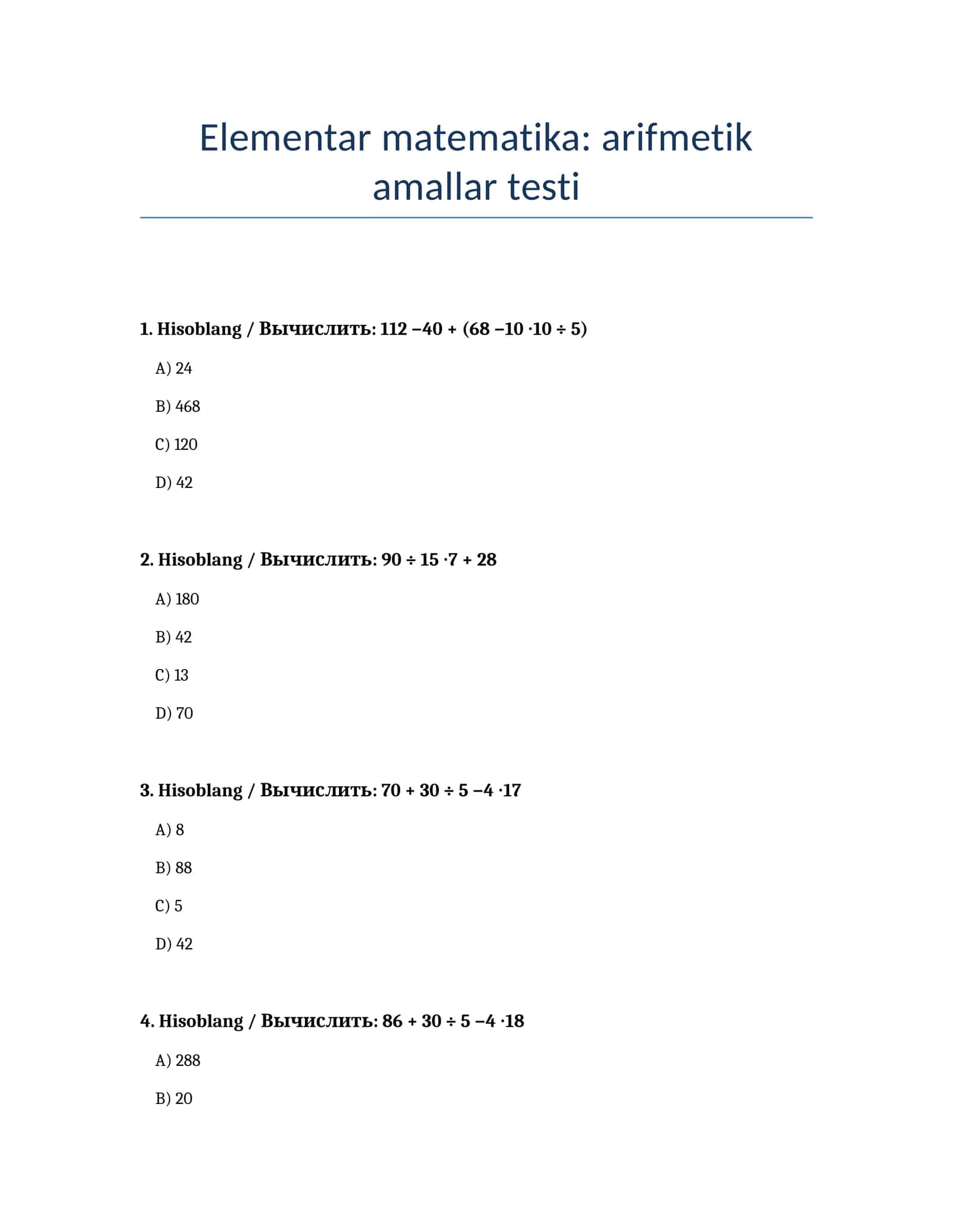 Elementar matematika: arifmetik amallar testi