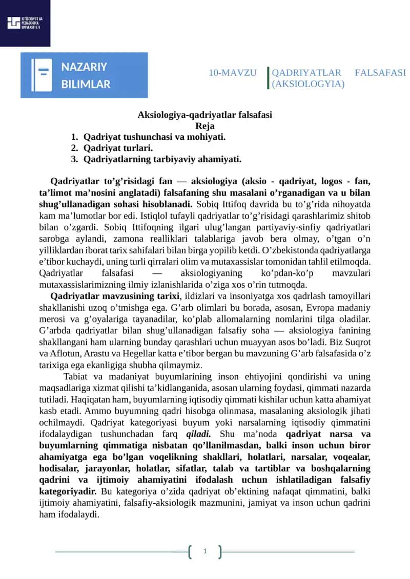 Qadriyatlar falsafasi (Aksiologiya)