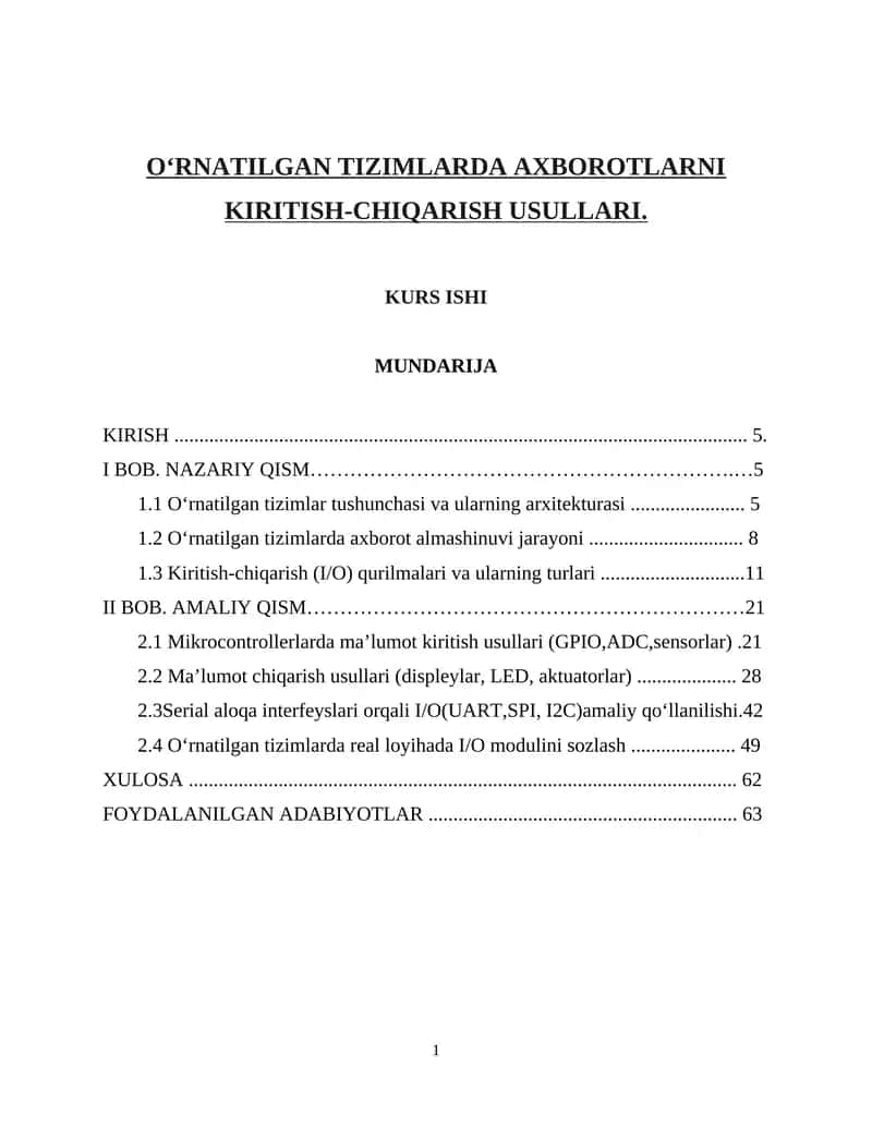 O‘RNATILGAN TIZIMLARDA AXBOROTLARNI KIRITISH-CHIQARISH USULLARI