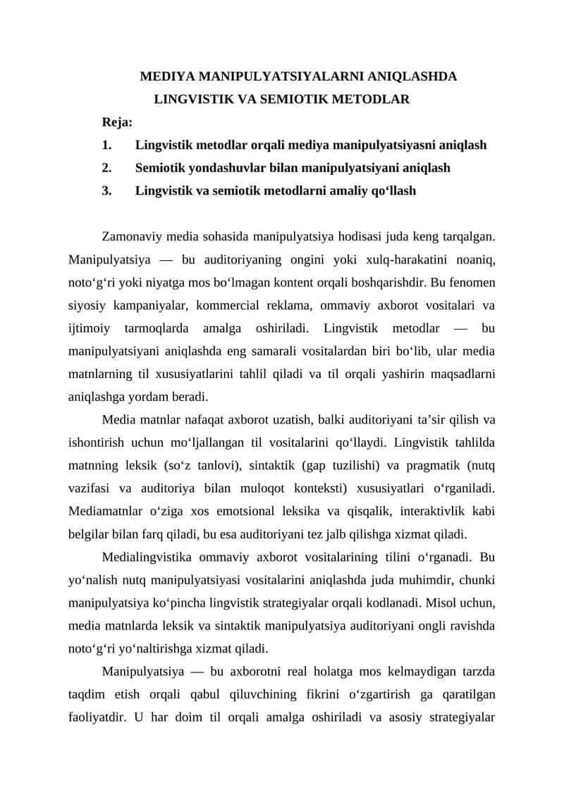 MEDIYA MANIPULYATSIYALARNI ANIQLASHDA LINGVISTIK VA SEMIOTIK METODLAR
