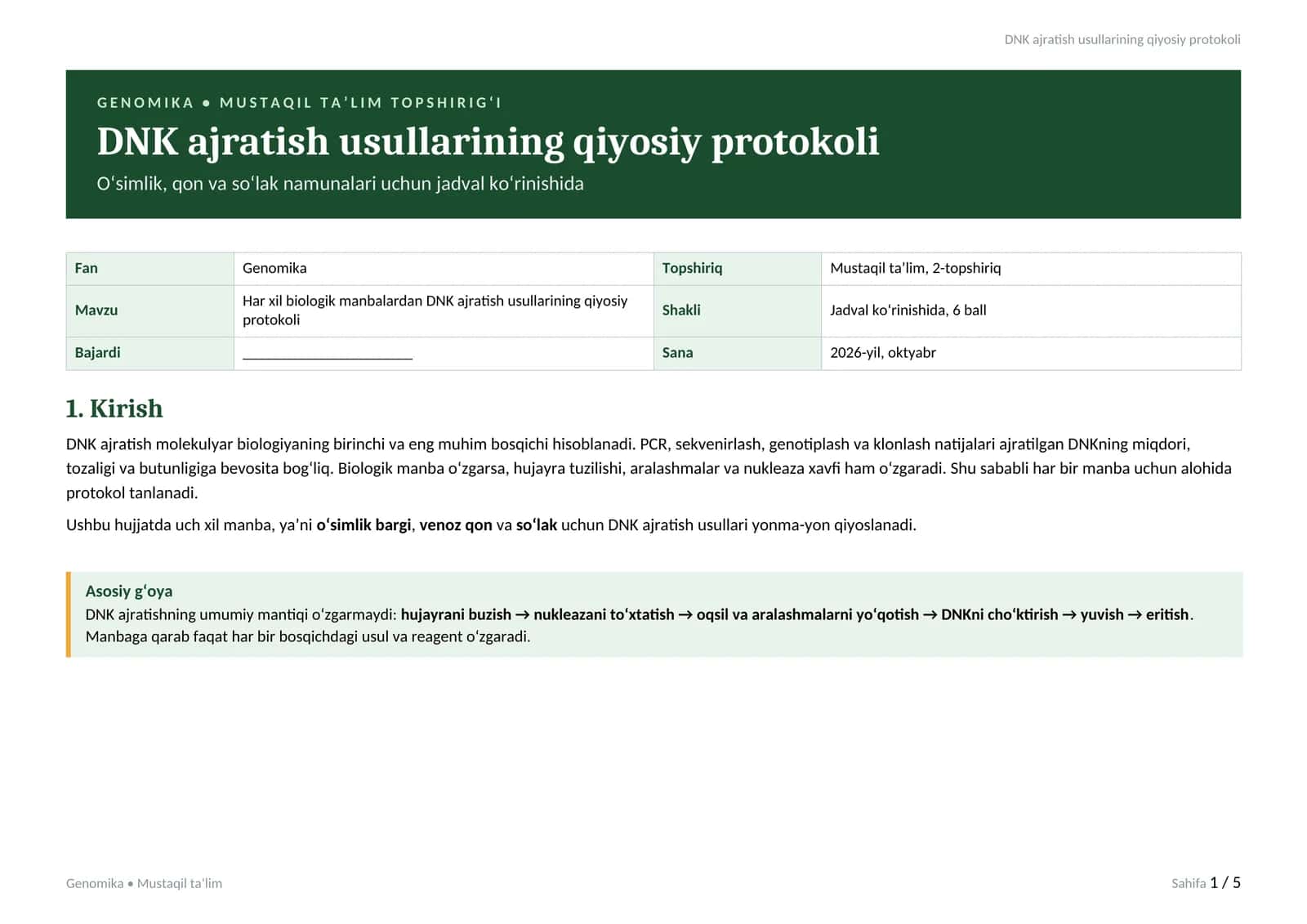 DNK ajratish usullarining qiyosiy protokoli