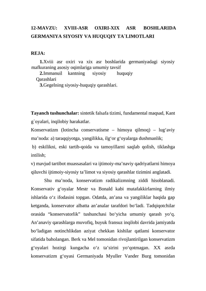 XVIII-ASR OXIRI-XIX ASR BOSHLARIDA GERMANIYA SIYOSIY VA HUQUQIY TA`LIMOTLARI