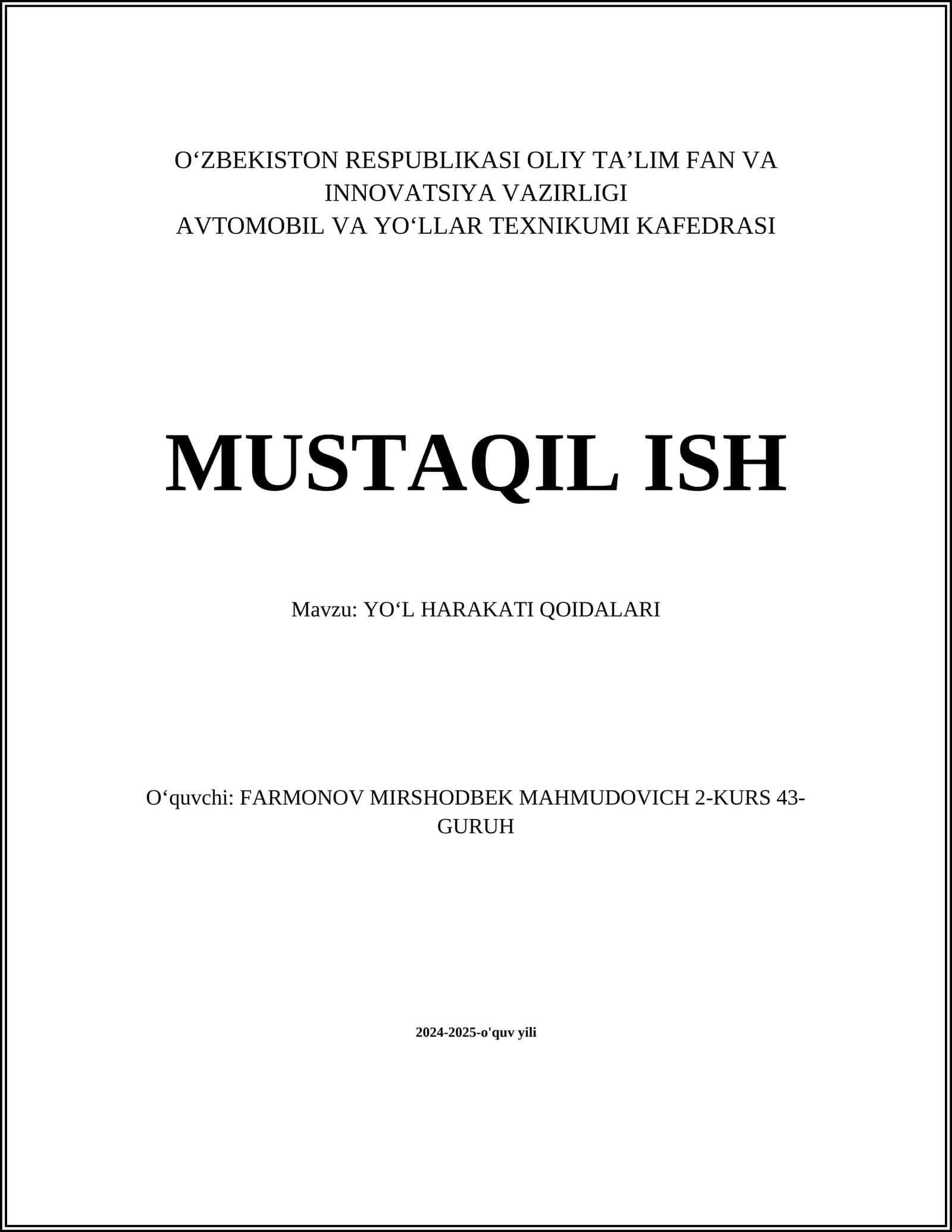YOʻL HARAKATI QOIDALARI