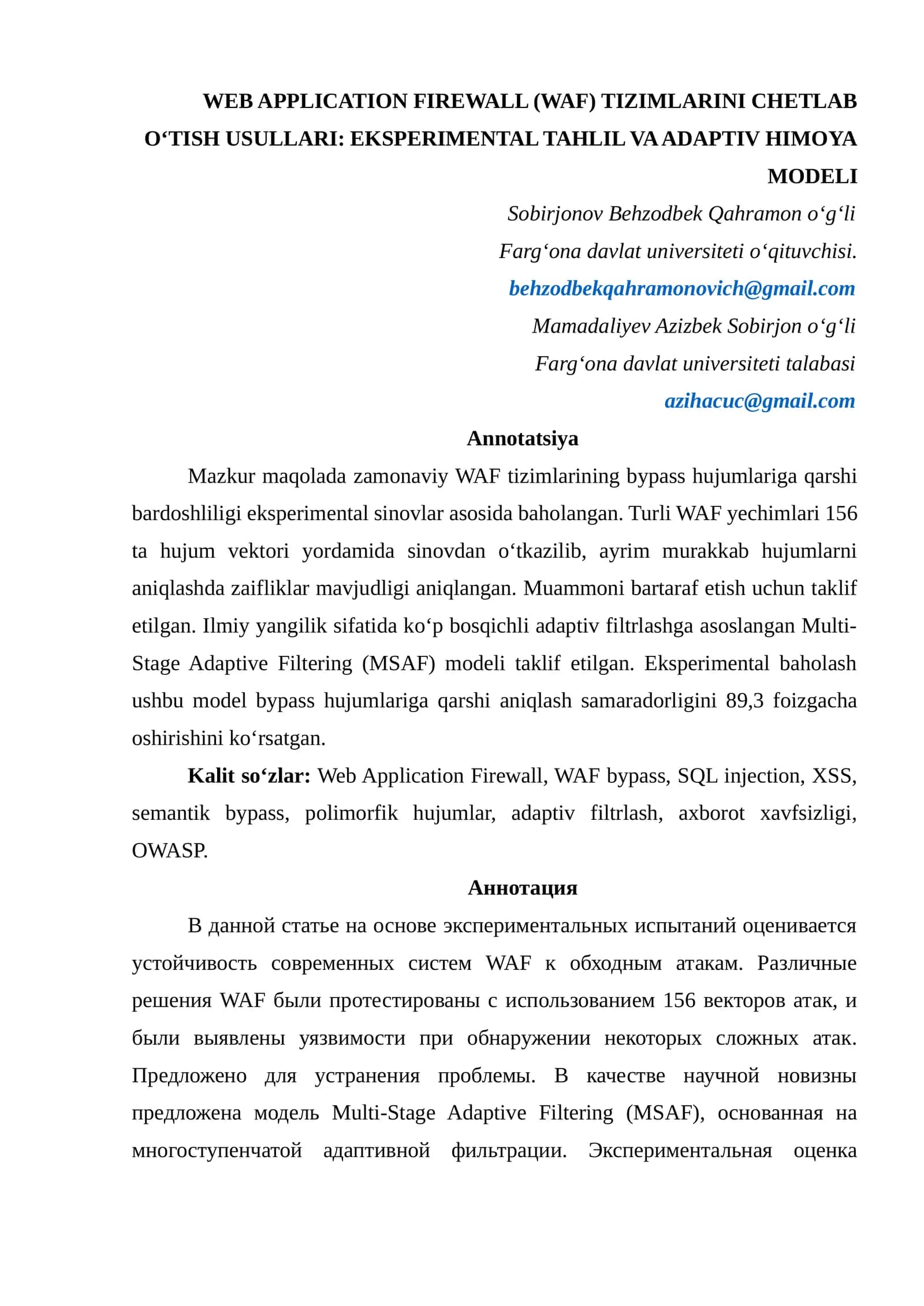 WEB APPLICATION FIREWALL (WAF) TIZIMLARINI CHETLAB OʻTISH USULLARI: EKSPERIMENTAL TAHLIL VA ADAPTIV HIMOYA MODELI