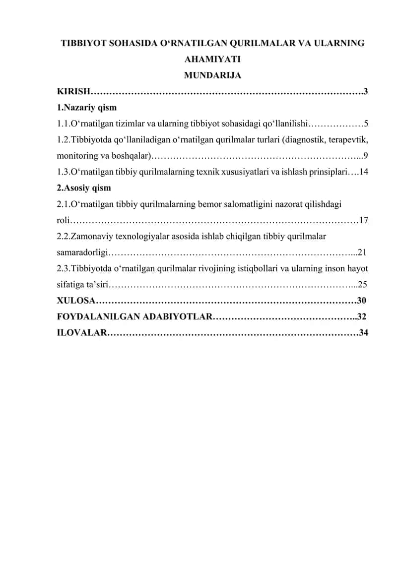 TIBBIYOT SOHASIDA O‘RNATILGAN QURILMALAR VA ULARNING AHAMIYATI