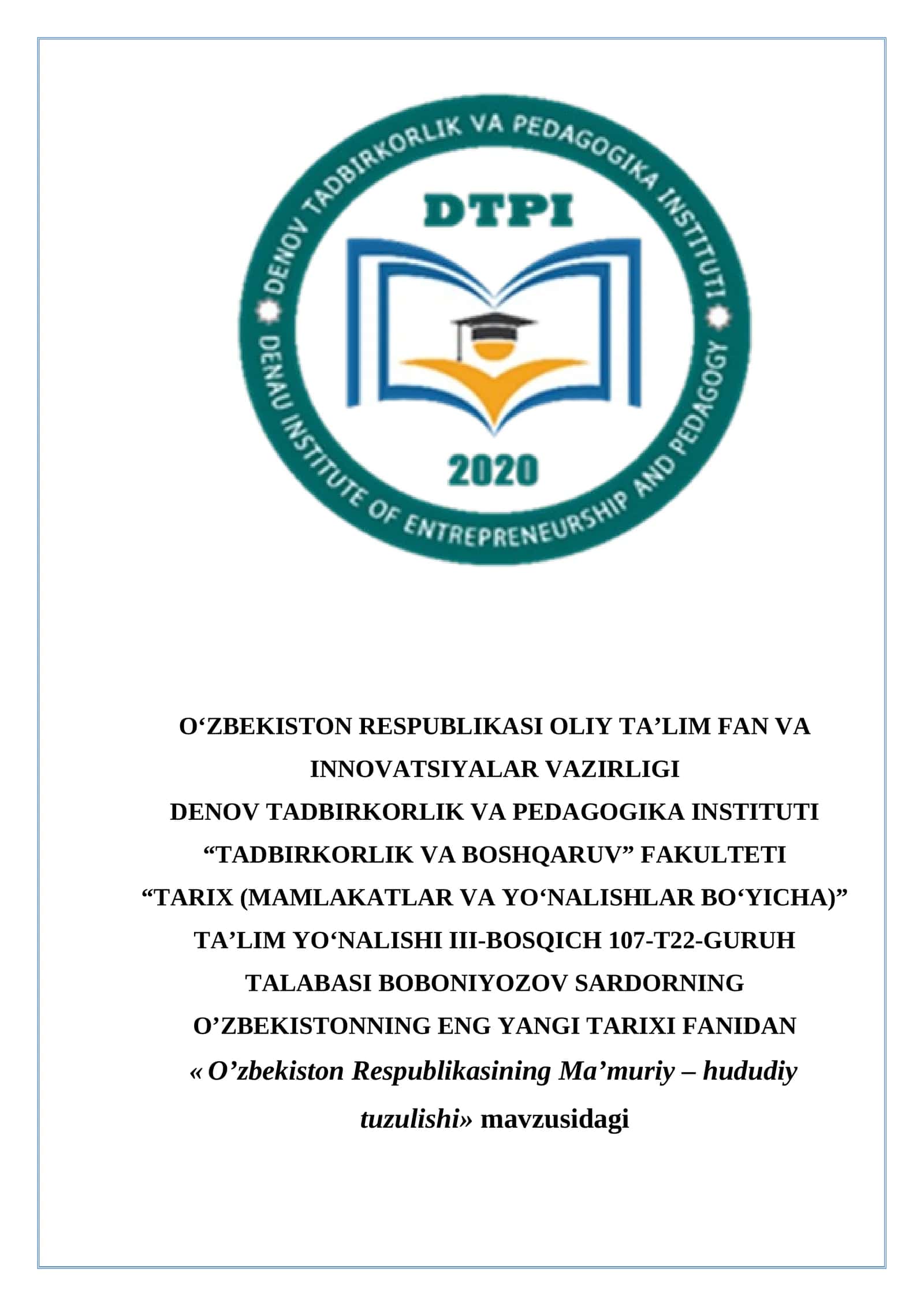 O’zbekiston Respublikasining Ma’muriy-Hududiy Tuzilishi Kurs Ishi