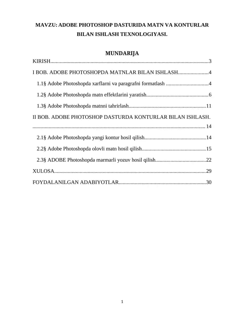 ADOBE PHOTOSHOP DASTURIDA MATN VA KONTURLAR BILAN ISHLASH TEXNOLOGIYASI