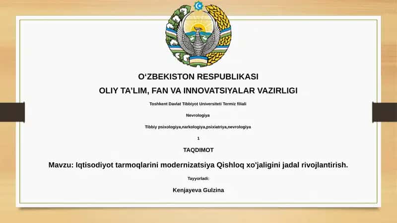 Iqtisodiyot tarmoqlarini modernizatsiya Qishloq xo'jaligini jadal rivojlantirish
