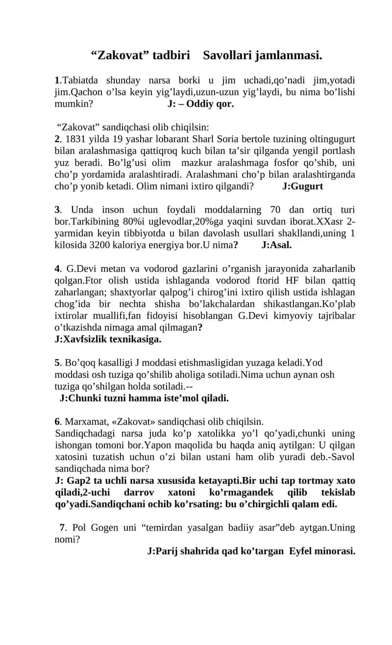 "Zakovat" tadbiri Savollari jamlanmasi