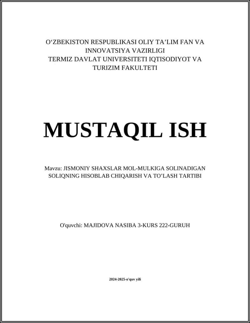 Jismoniy shaxslar mol-mulkining soliqqa hisoblanishi
