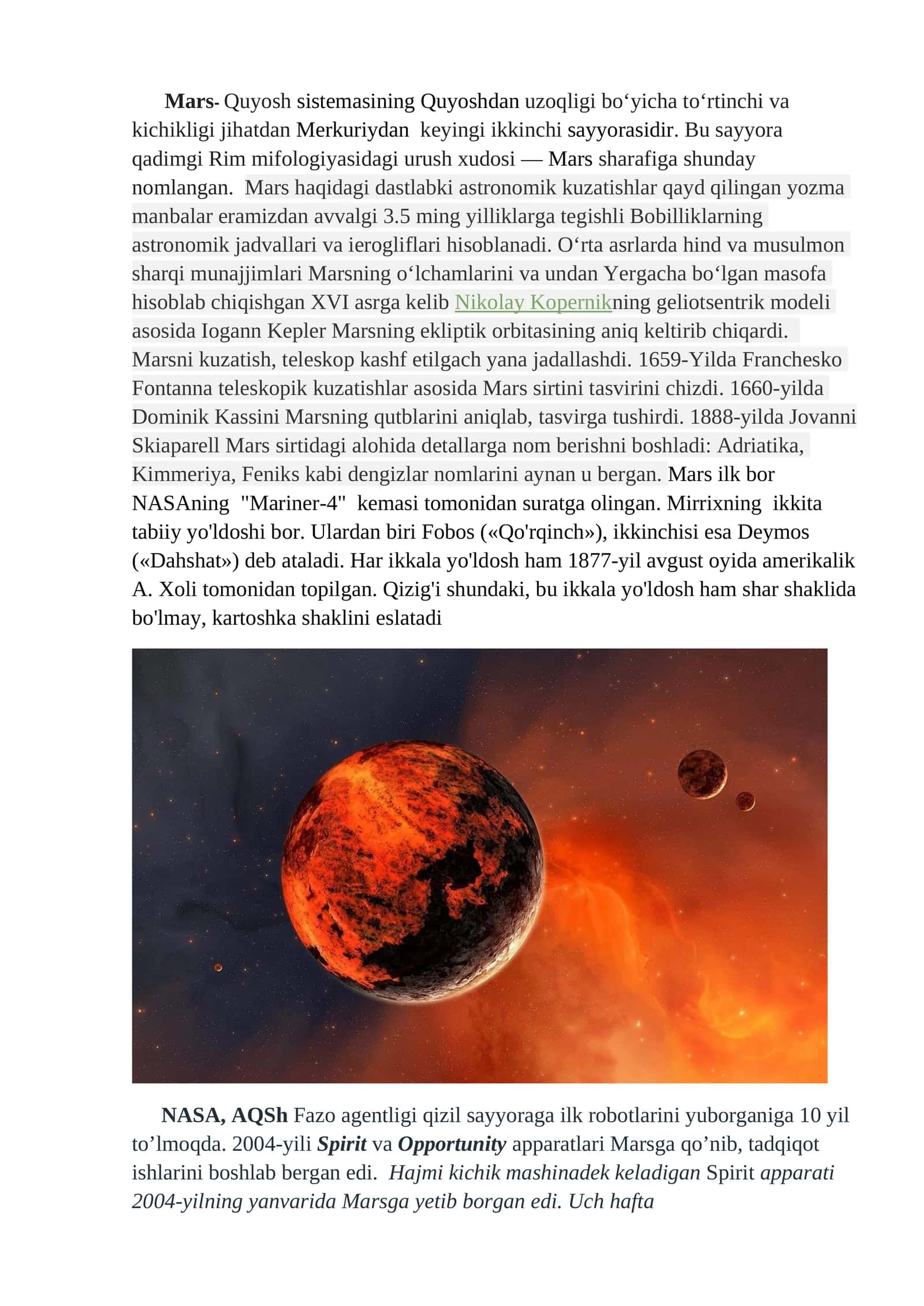 Mars planetasi bo'yicha umumiy ma'lumotlar
