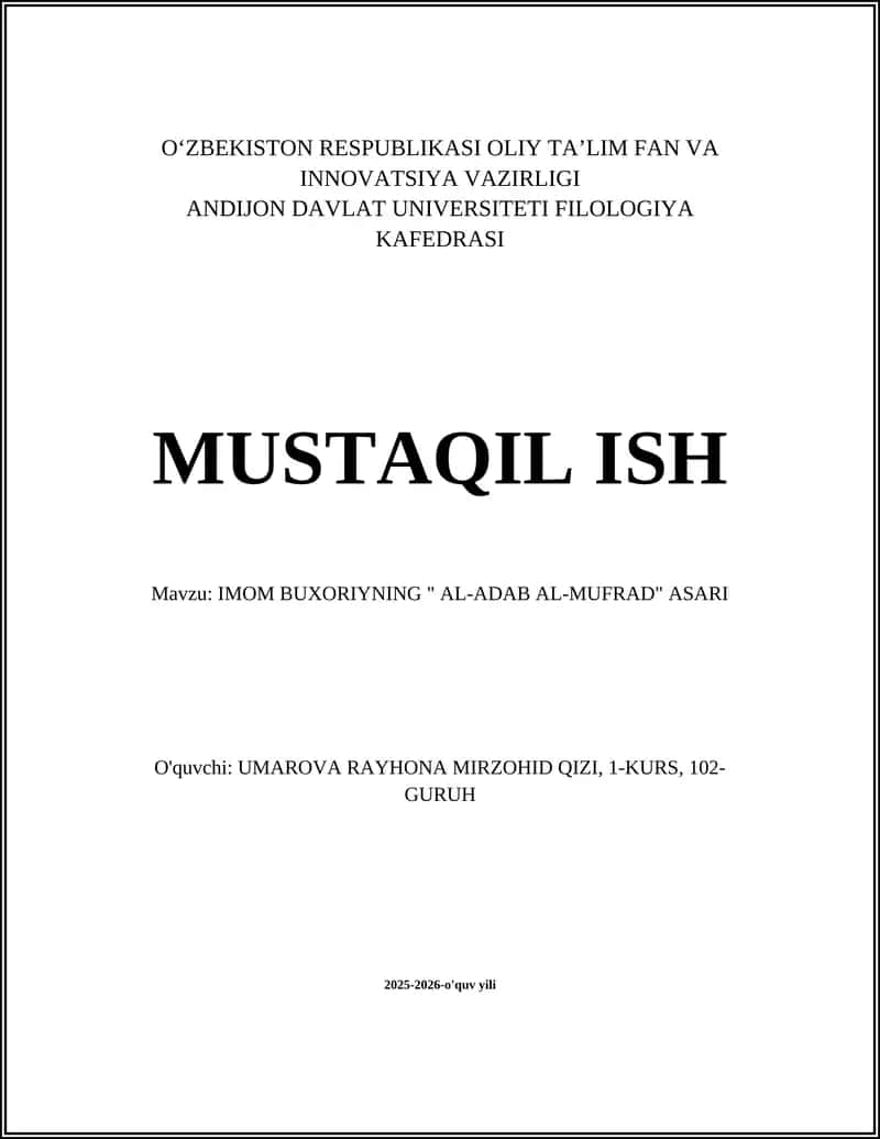 IMOM BUXORIYNING " AL-ADAB AL-MUFRAD" ASARI