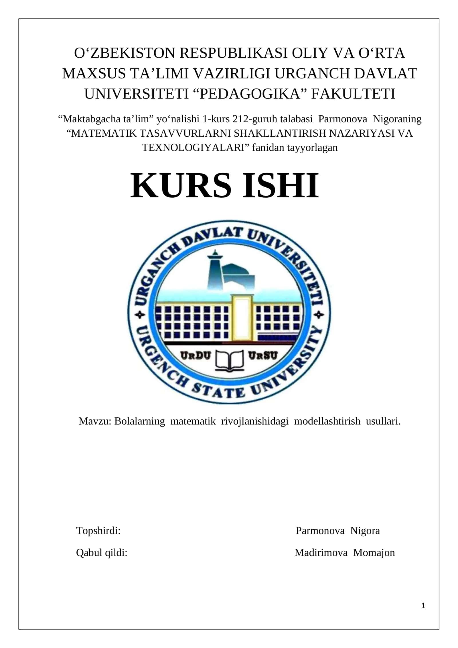 Bolalarning matematik rivojlanishidagi modellashtirish usullari