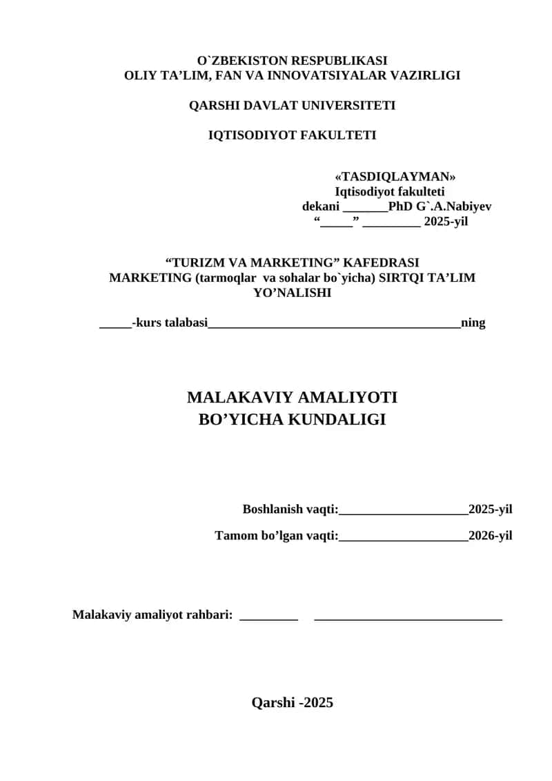 MALAKAVIY AMALIYOTI BO’YICHA KUNDALIGI