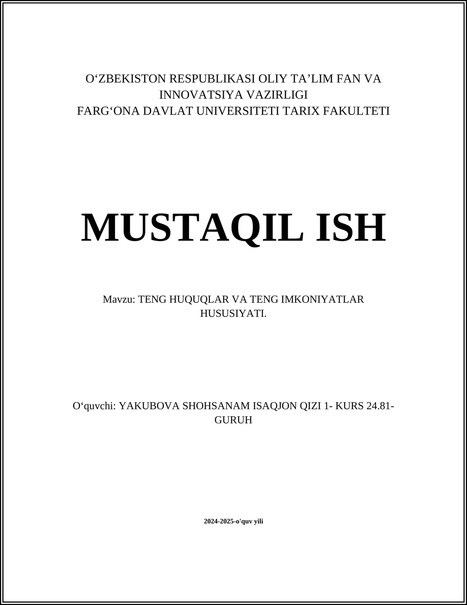 TENG HUQUQLAR VA TENG IMKONIYATLAR HUSUSIYATI
