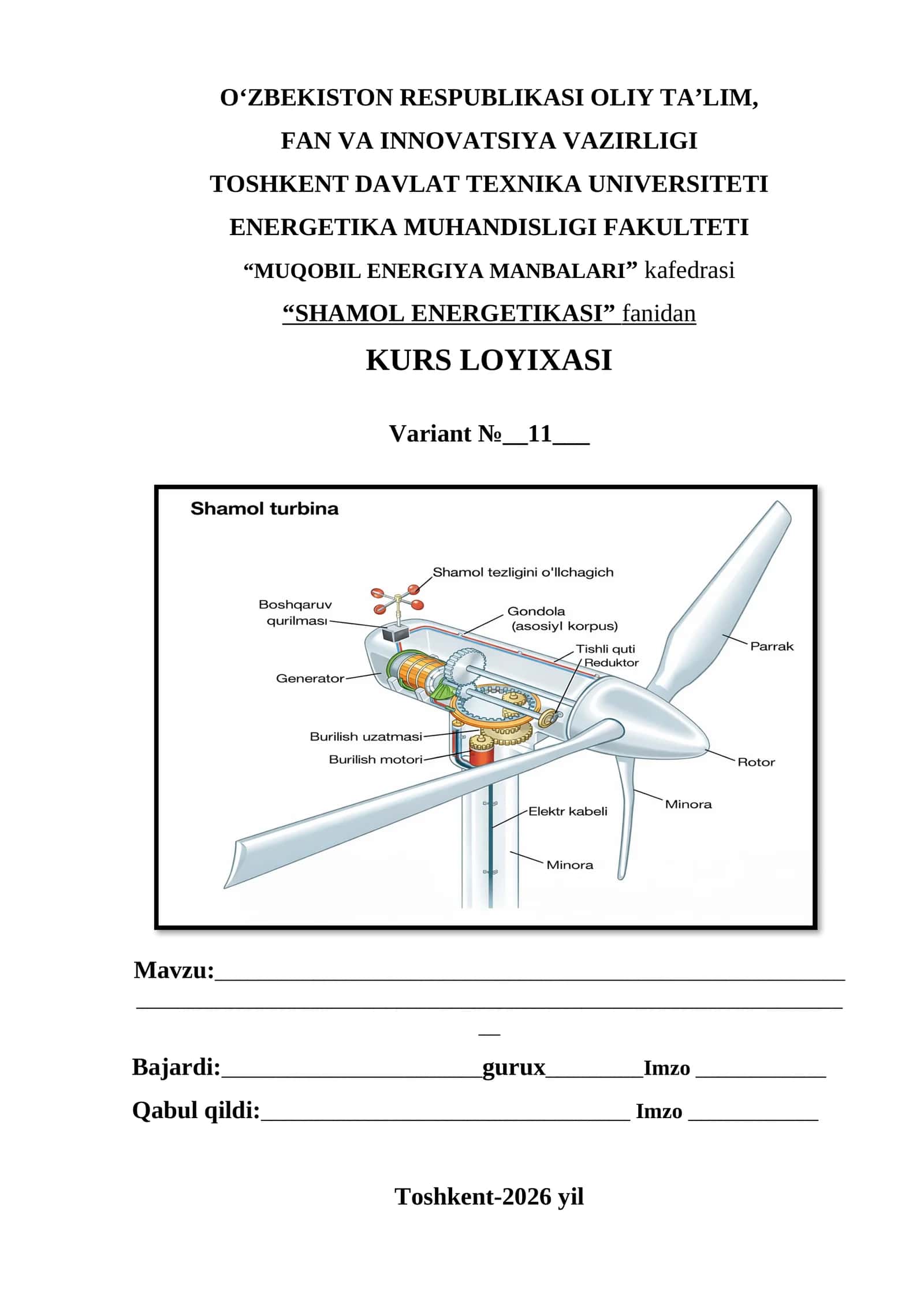 11-variant SHAMOL ENERGETIKASI fanidan KURS LOYIXASI