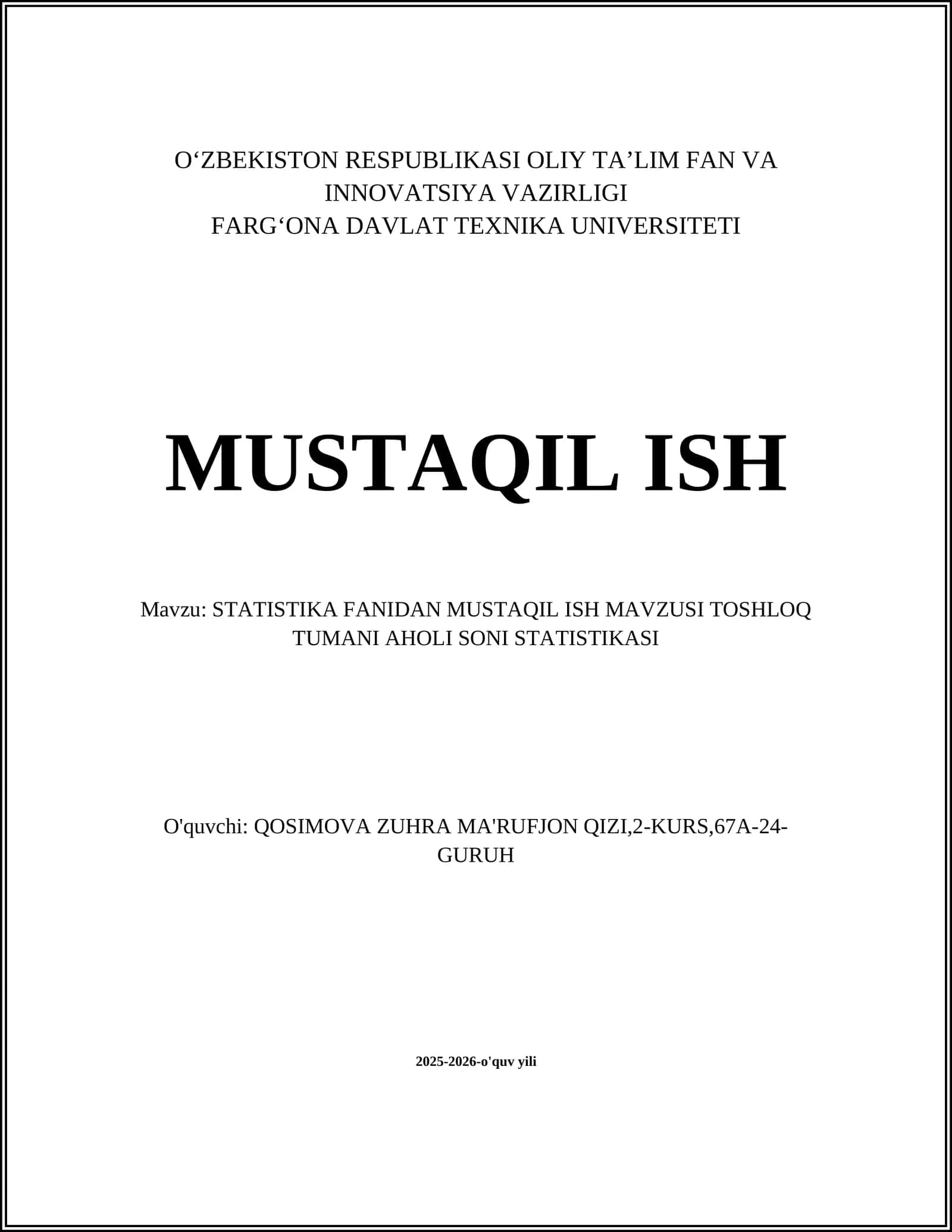 STATISTIKA FANIDAN MUSTAQIL ISH MAVZUSI TOSHLOQ TUMANI AHOLI SONI STATISTIKASI