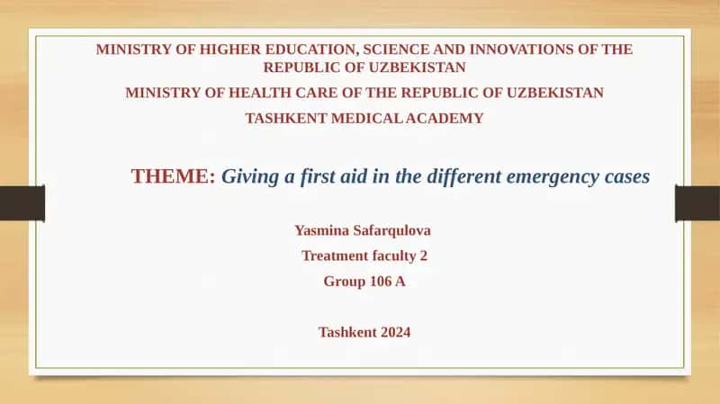 Giving a first aid in the different emergency cases