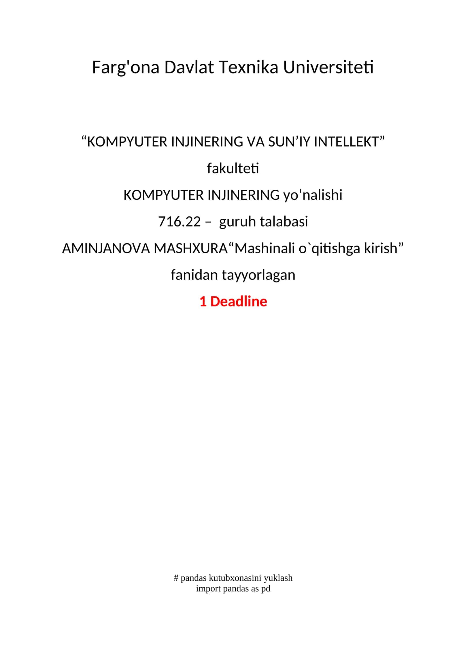 AMINJANOVA MASHXURA “Mashinali o`qitishga kirish”