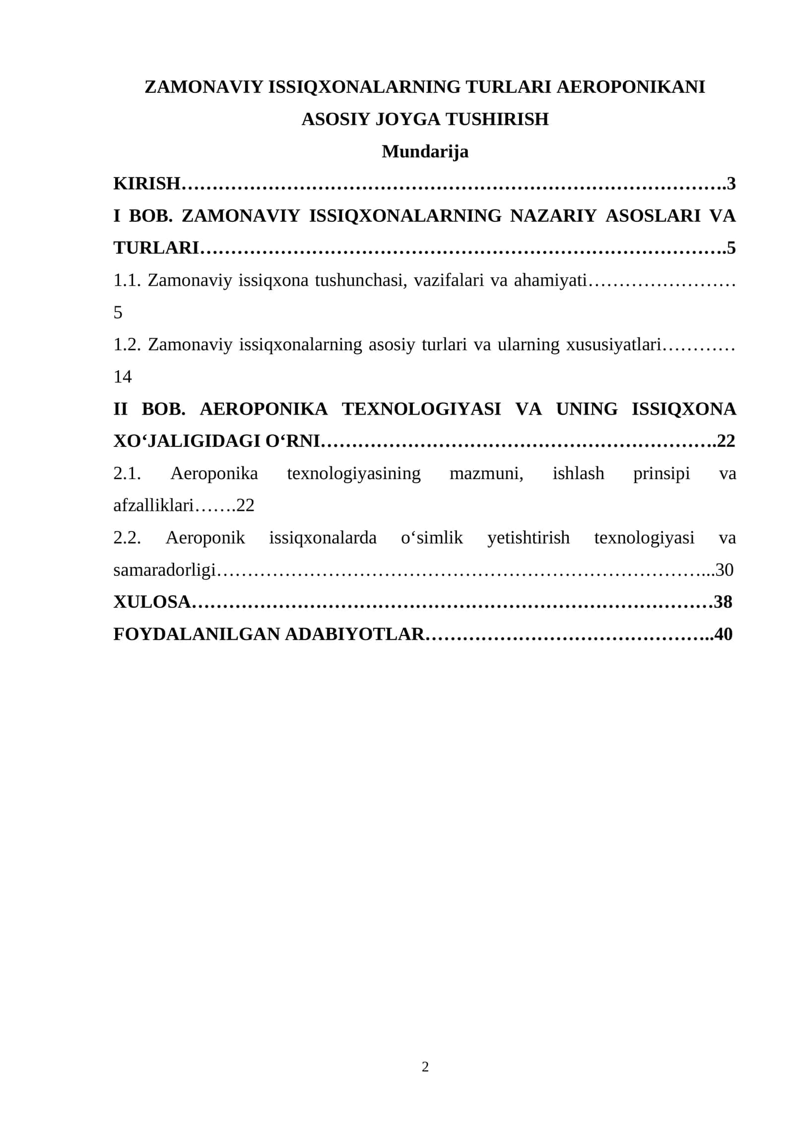 ZAMONAVIY ISSIQXONALARNING TURLARI AEROPONIKANI ASOSIY JOYGA TUSHIRISH