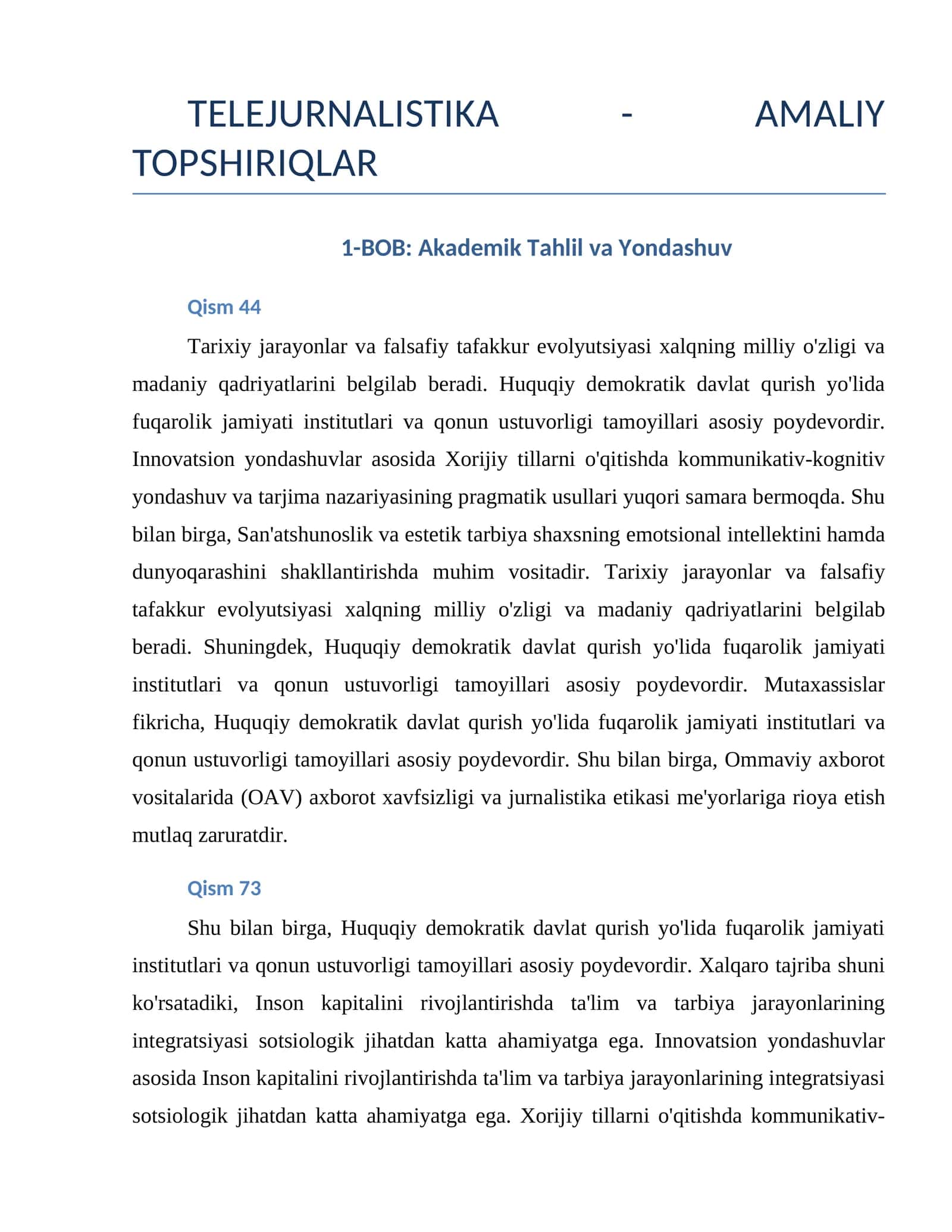 TELEJURNALISTIKA - AMALIY TOPSHIRIQLAR